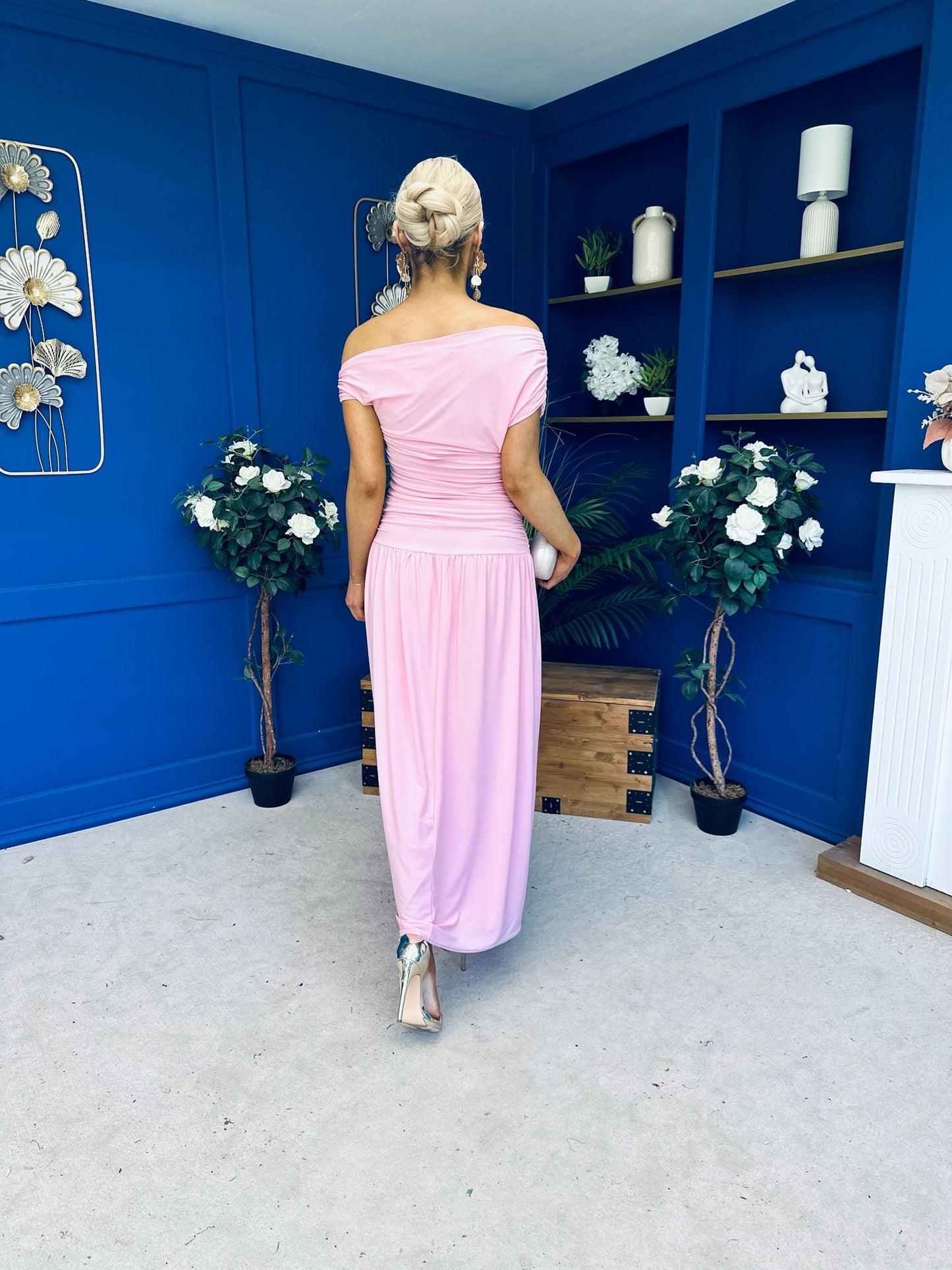 Colette Rushed Off Shoulder Maxi Dress Pink