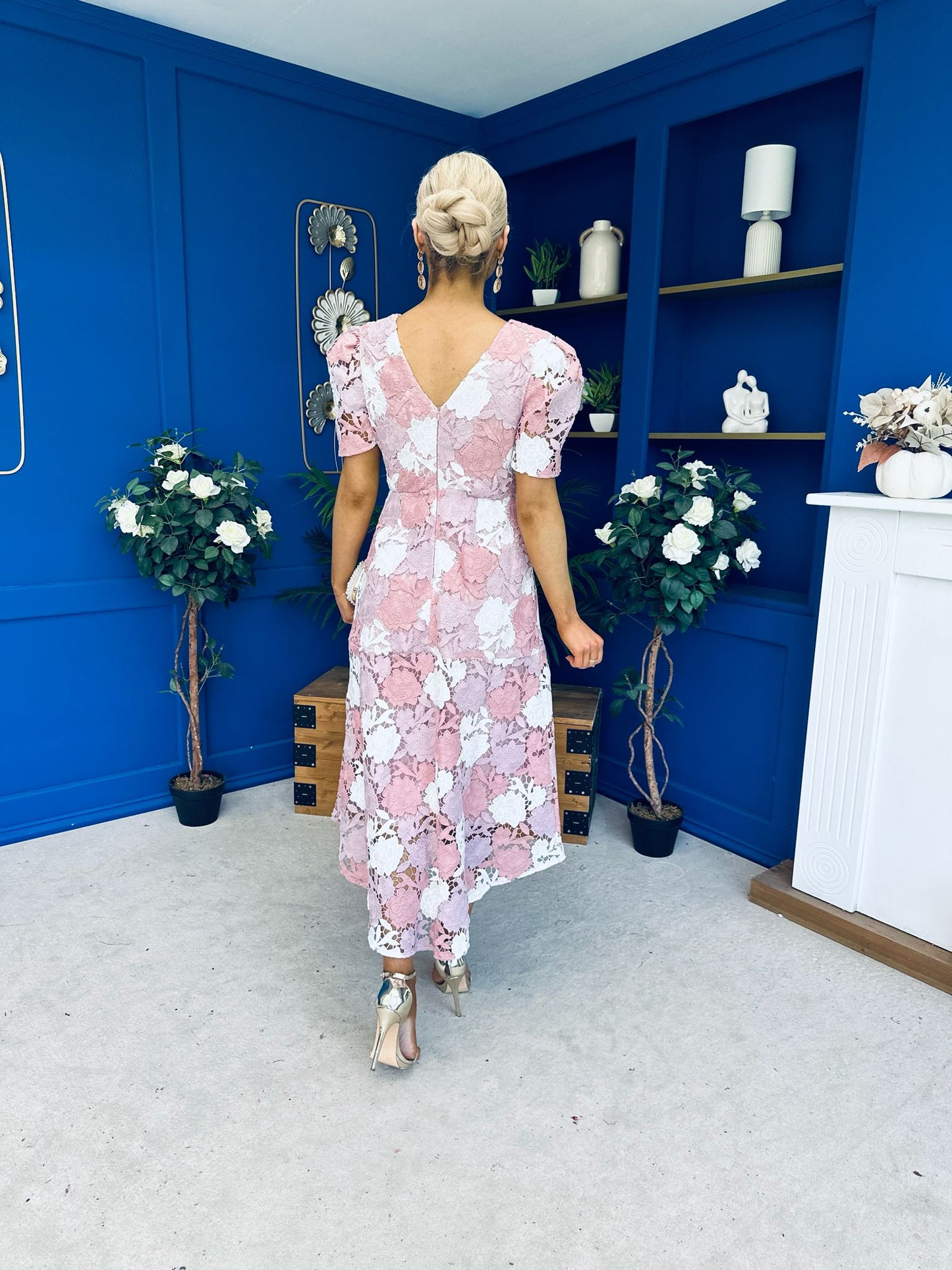 Myrtle V Neck A Line Floral Lace Midi Dress Blush