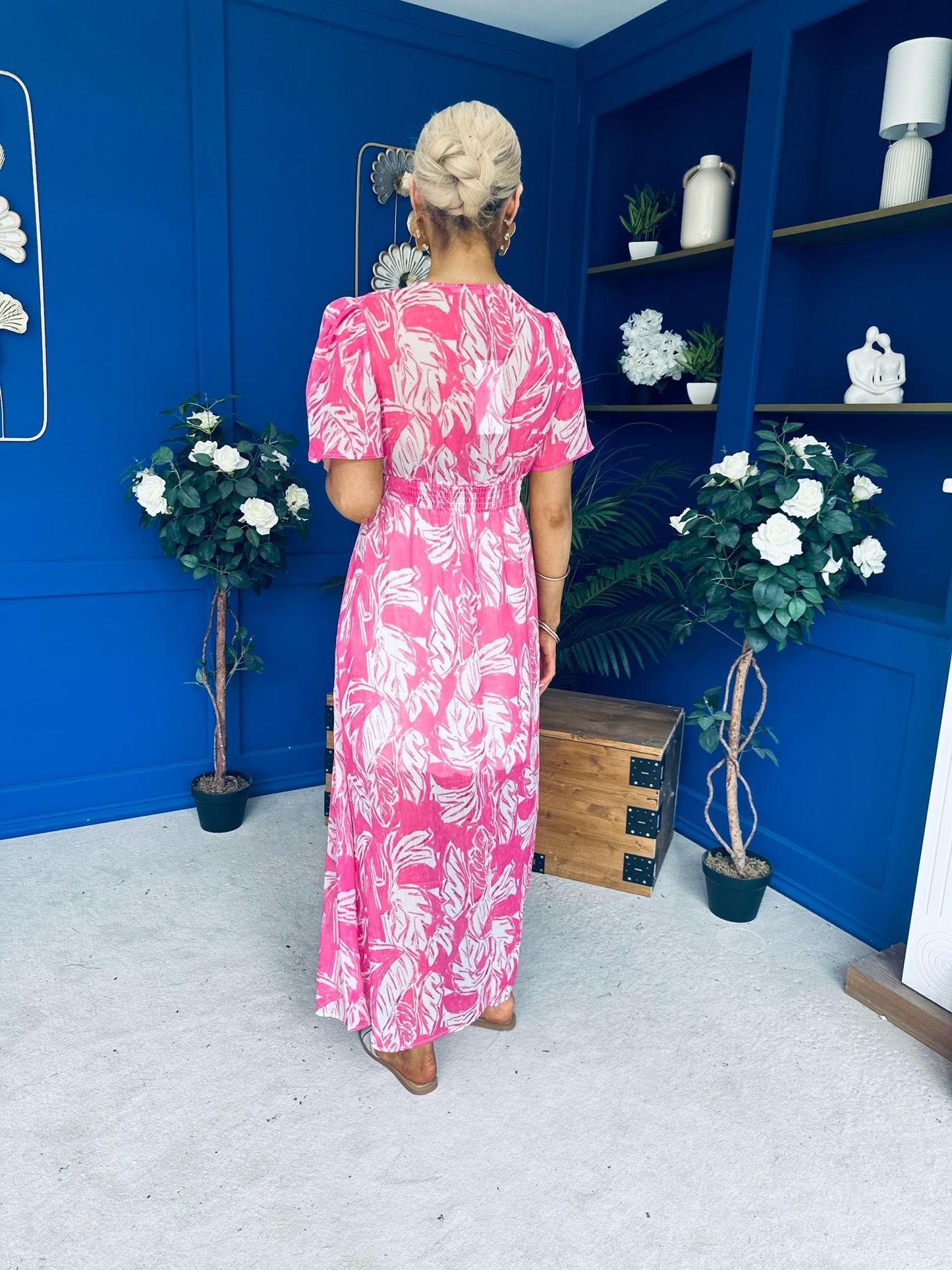 Sara Banded Midi Dress Floral Fuchsia