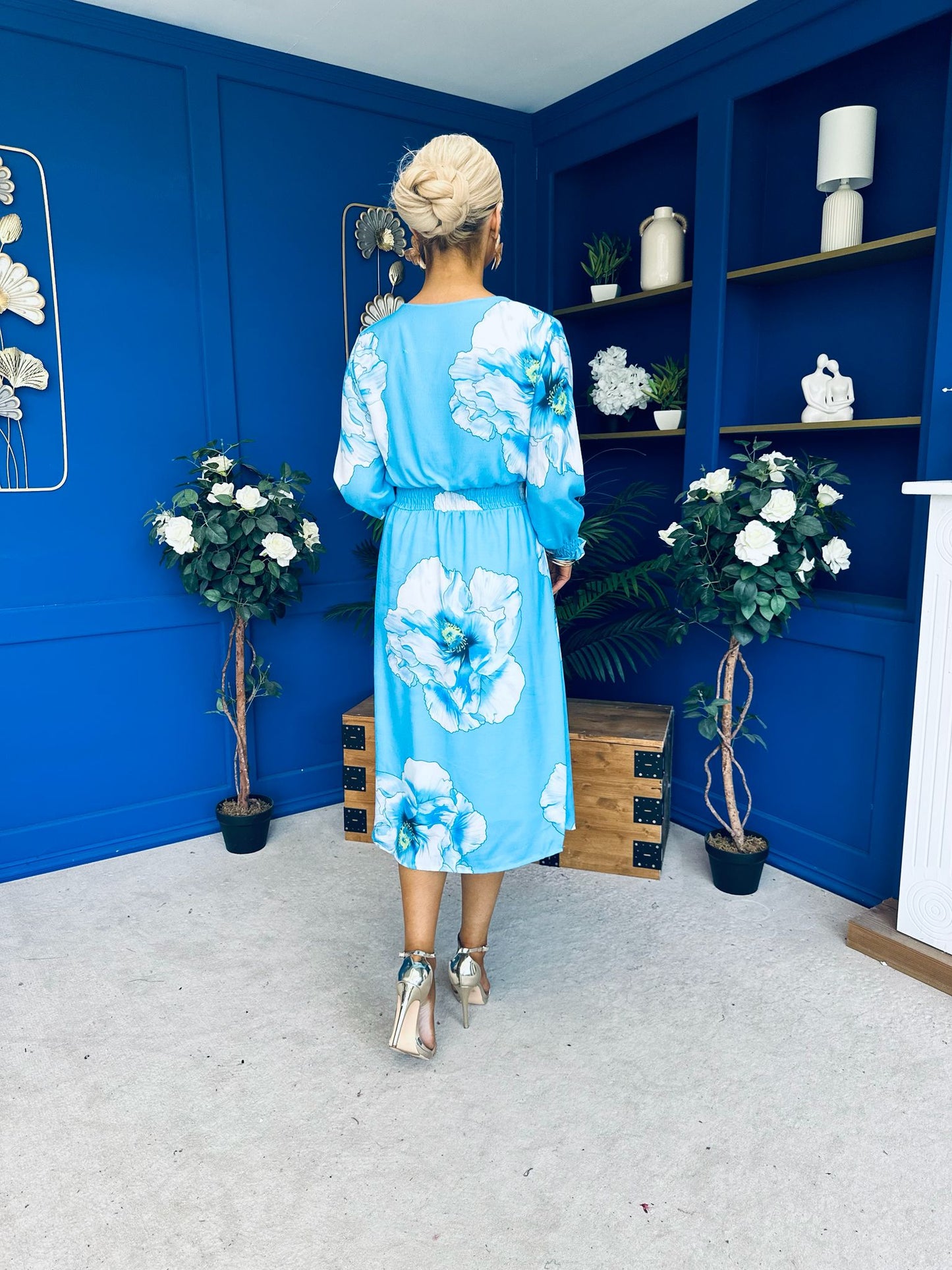 Mollie Banded Midi Dress Floral Sky