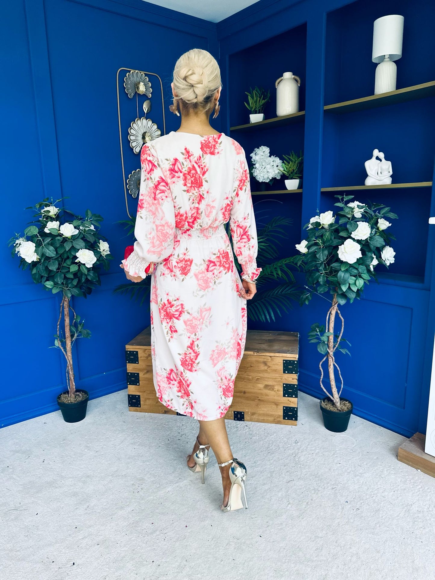 Mollie Banded Midi Dress Floral Cream