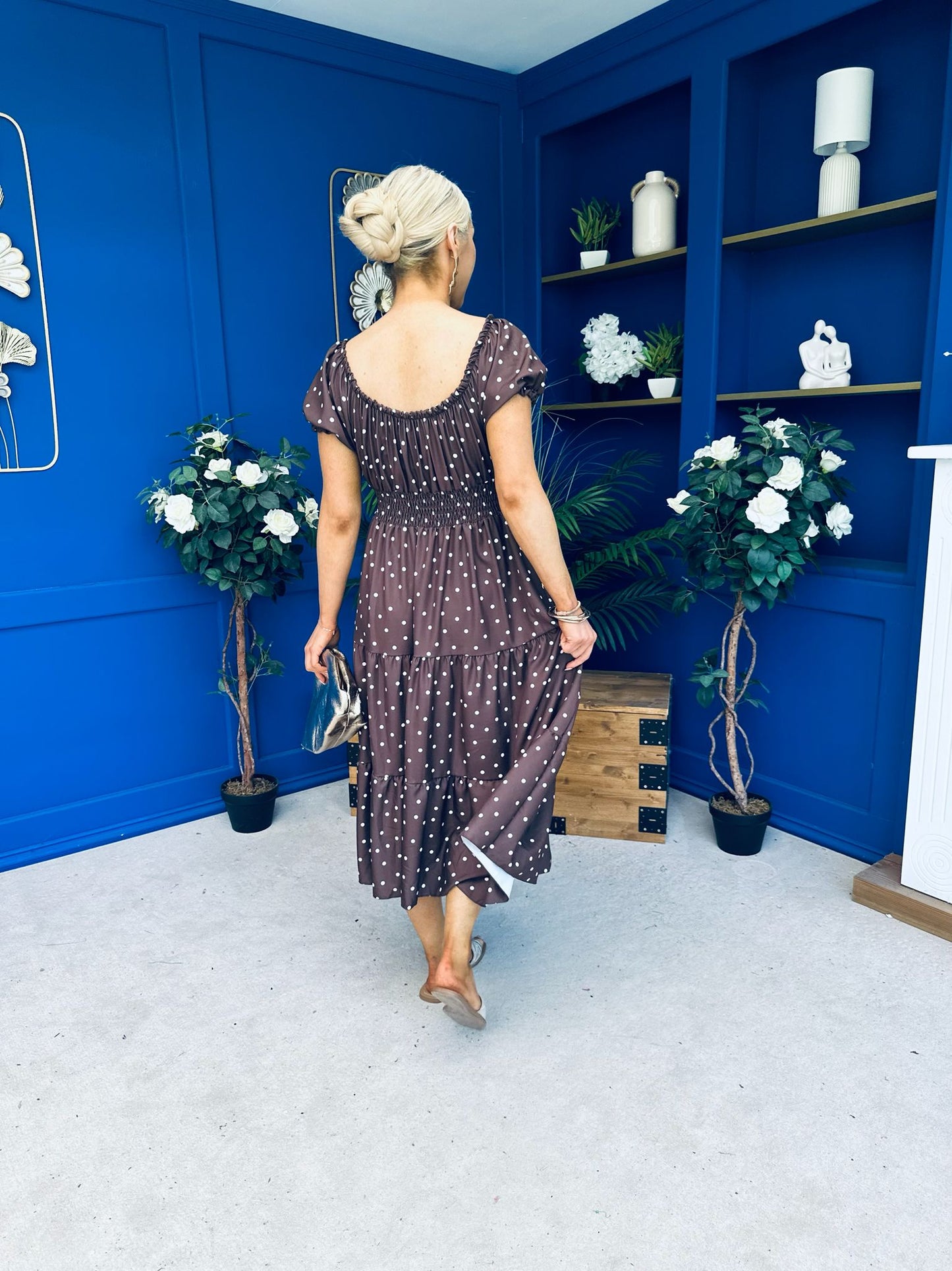 Blaine Detailed Bardot Midi Dress Polka Coco