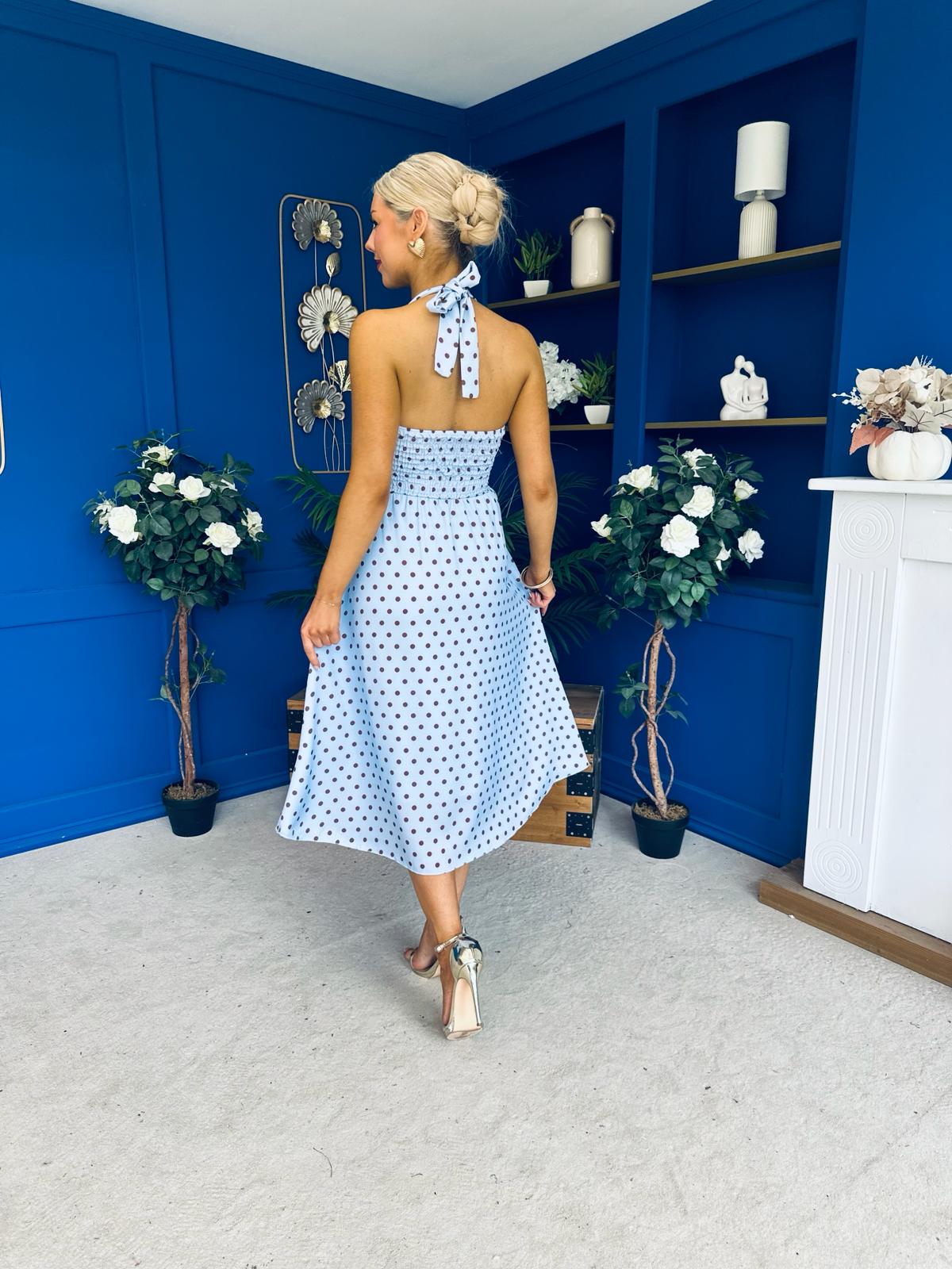 Adison Halterneck Midi Dress Coco Polka Blue