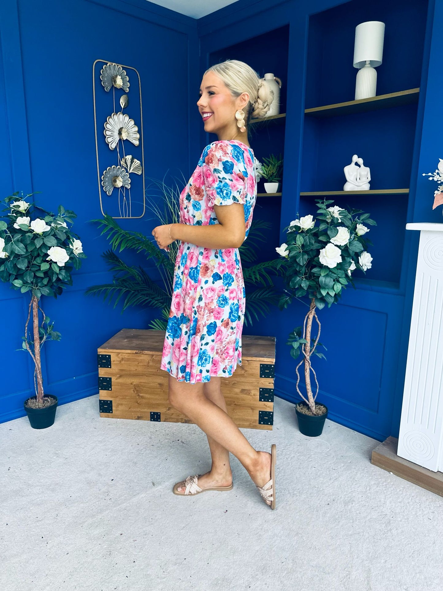 Laura Button Detail Mini Dress Floral Blue