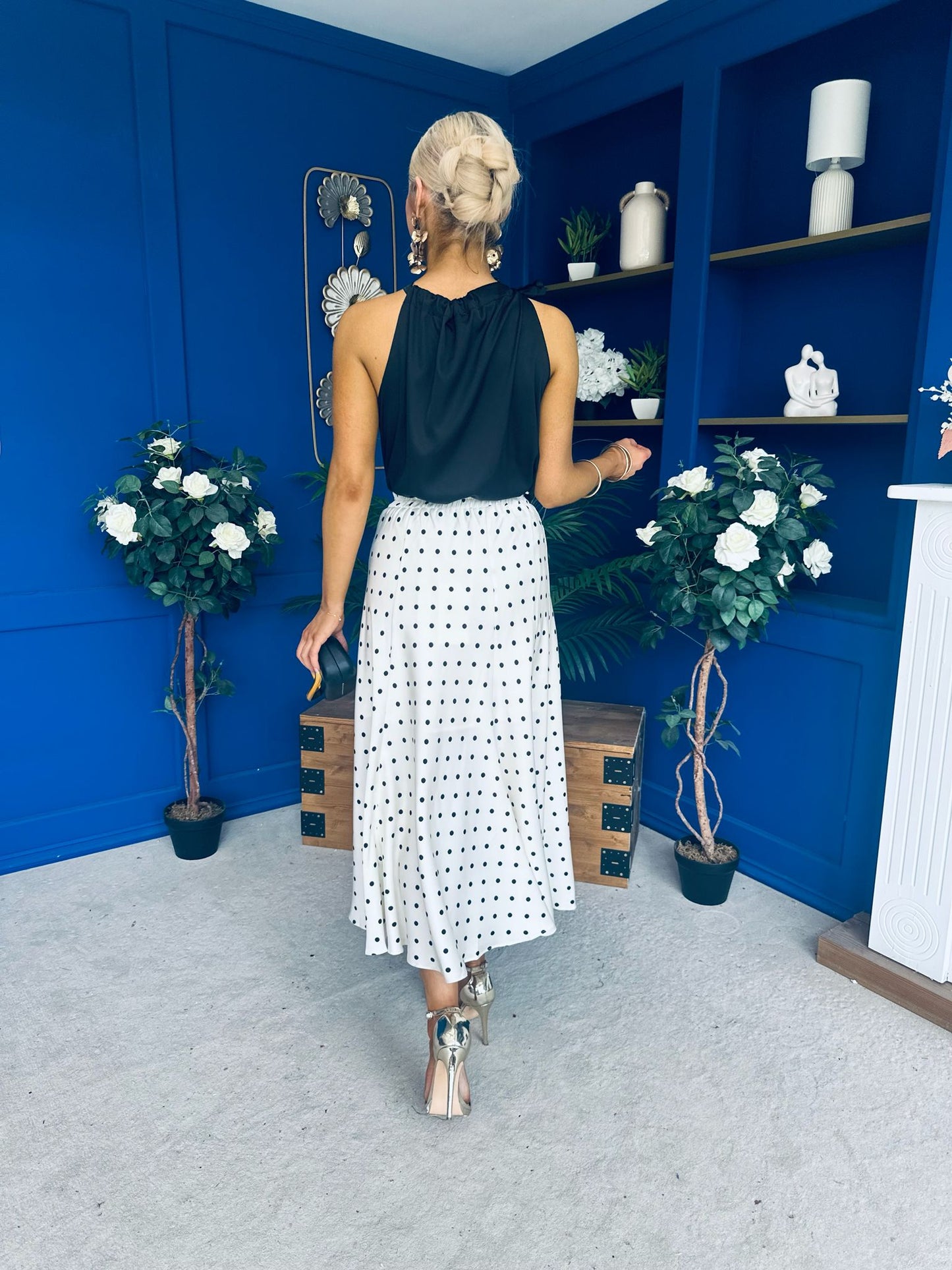 Jessie Satin Midi Skirt Black Polka Cream