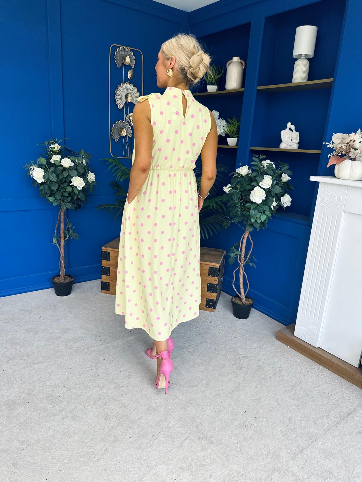 Rita High Neck Bow Detail Midi Dress Polka Yellow