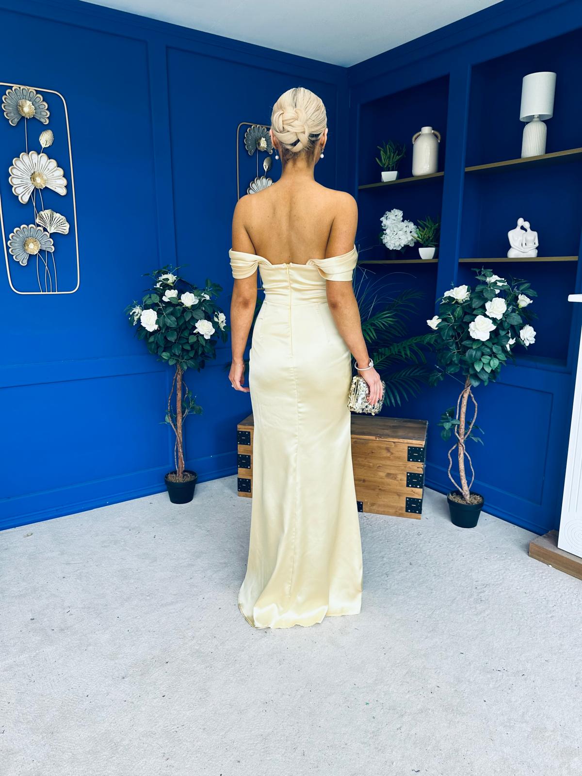 Sandra Bardot Satin Occasion Dress Yellow