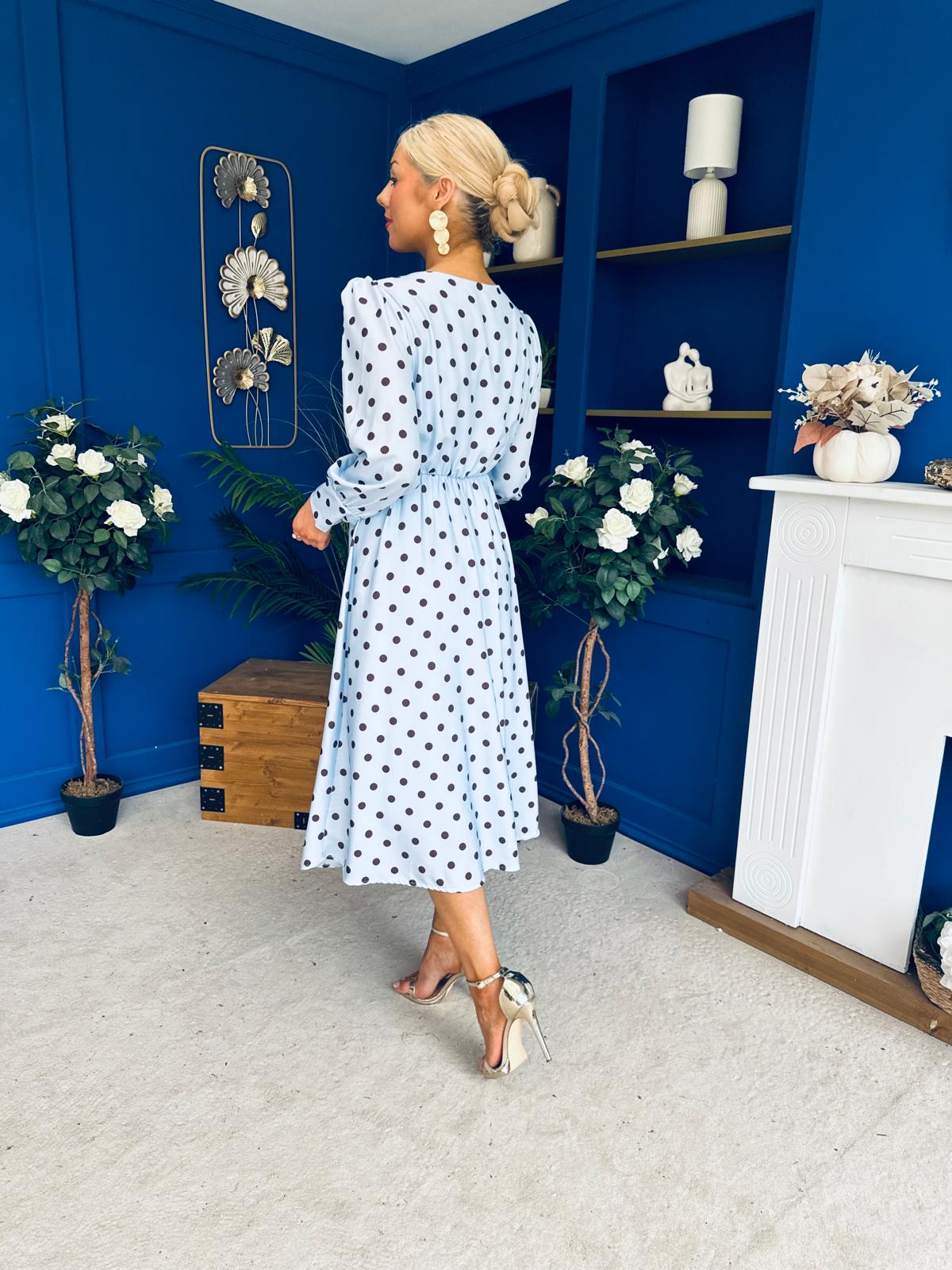 Avril Pleat Detail Midi Dress Coco Polka Blue