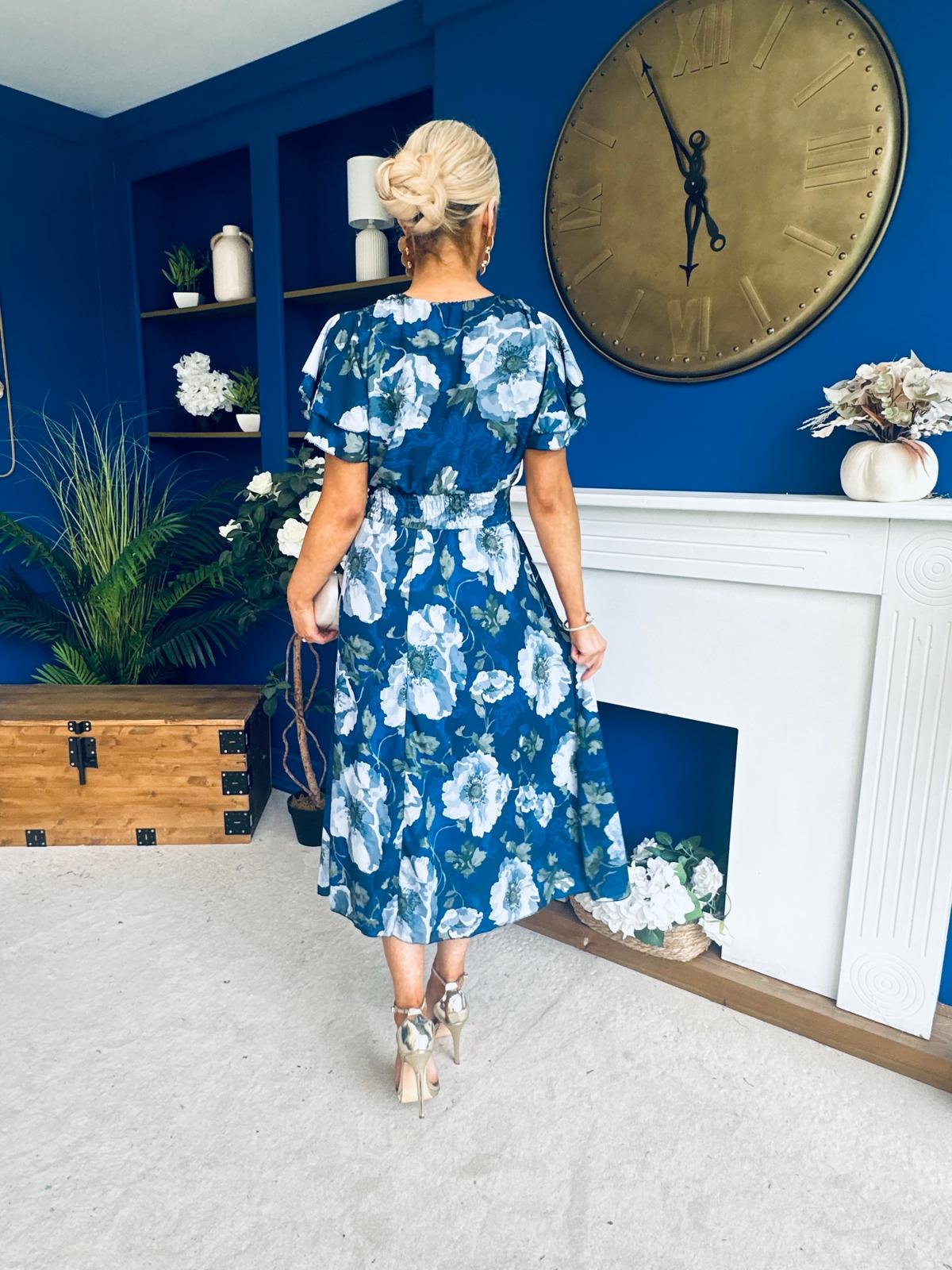 Naoise Frill Sleeve Midi Dress Floral Navy