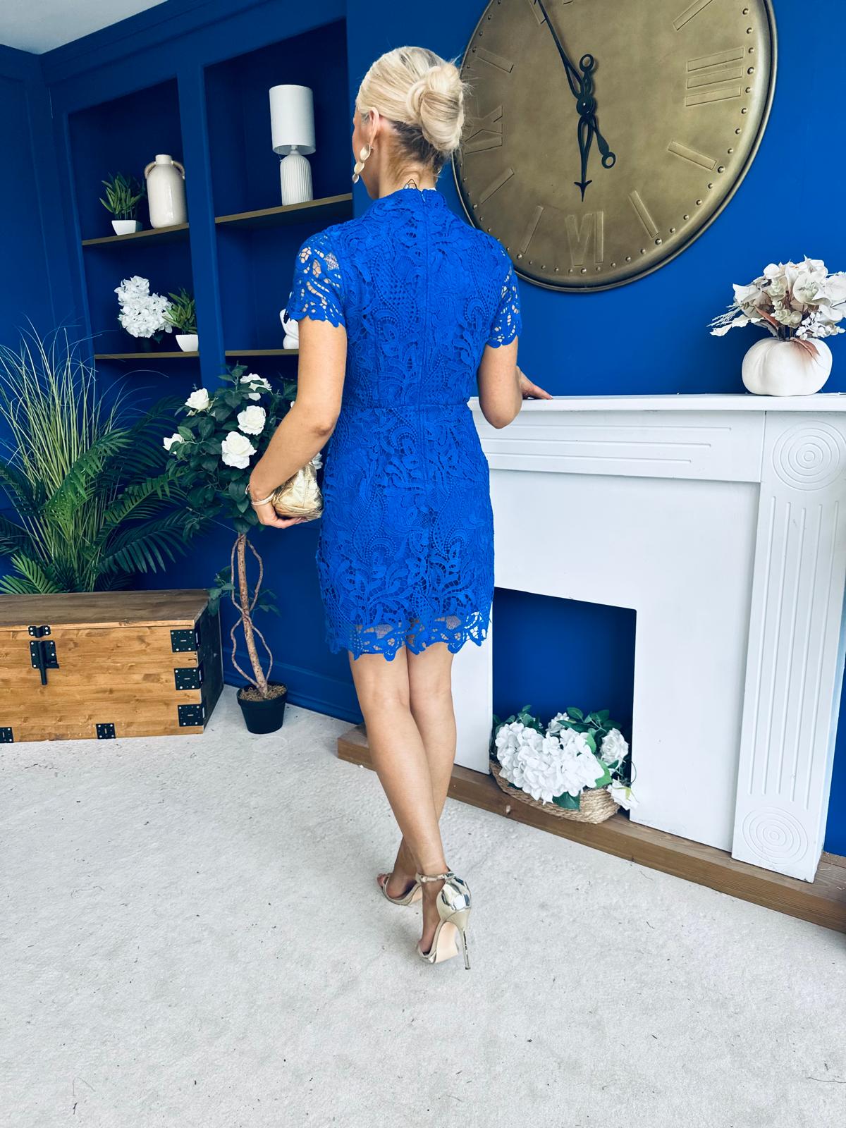 Maryam Cap Sleeve High Neck Lace Mini Dress Cobalt