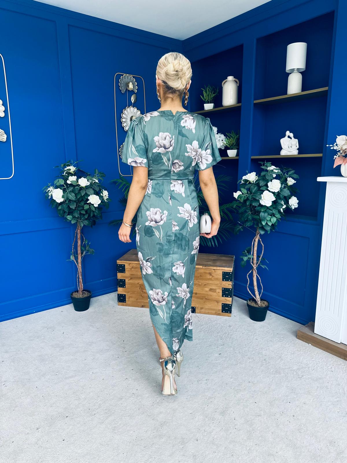 Drew Puff Sleeve Wrap Front Midi Dress Floral Green
