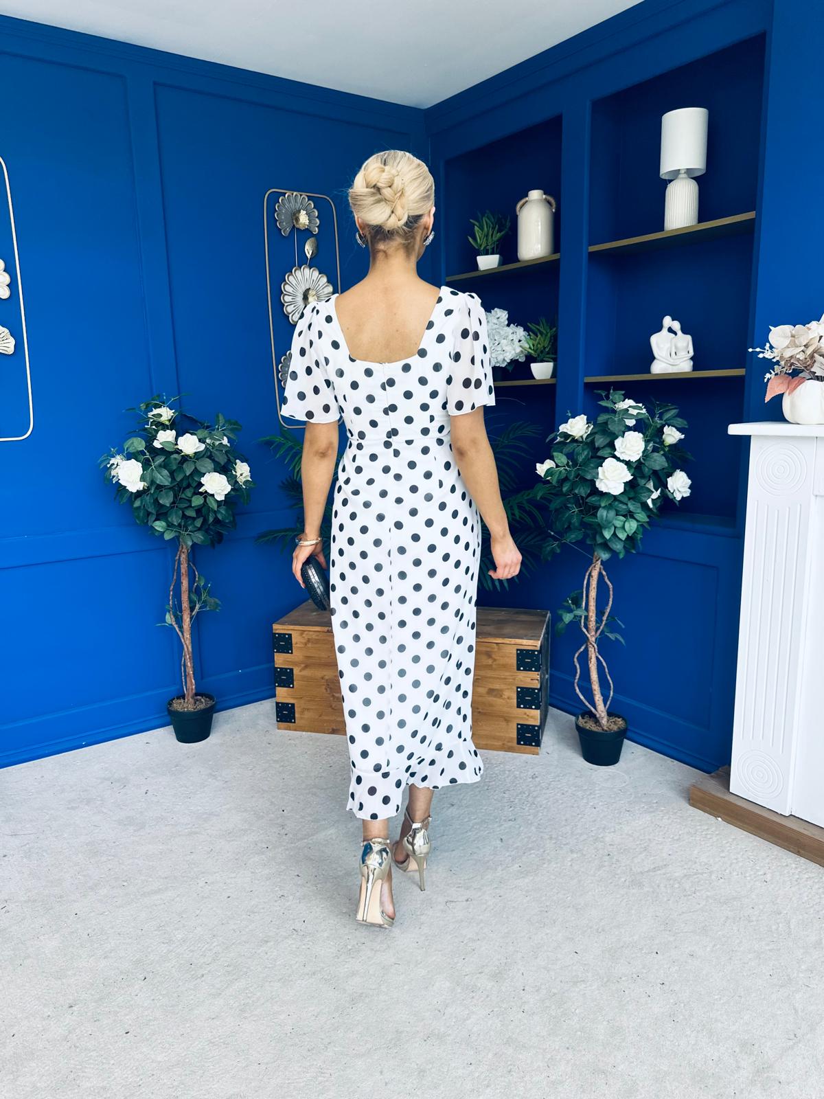 Heidi Chiffon Detail Ruched Midi Dress Polka White