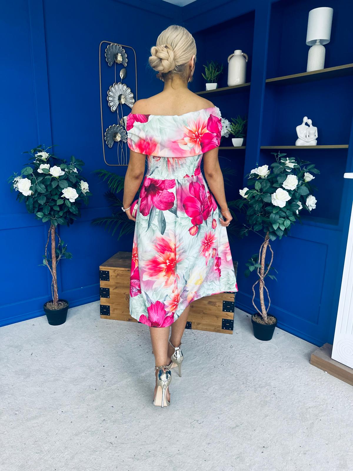 Willow Detailed Bardot Midi Dress Floral Green