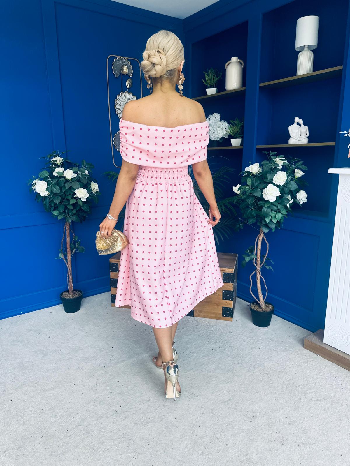 Willow Detailed Bardot Midi Dress Coral Polka Peach