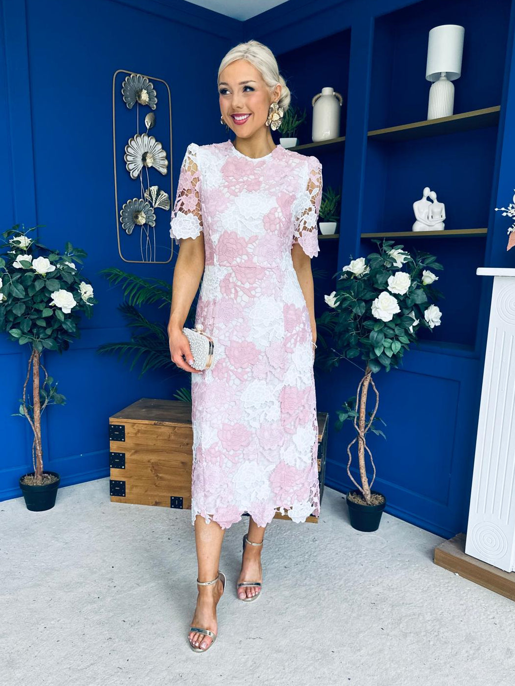 Whitney Crew Neck Floral Crochet Midi Dress Pink