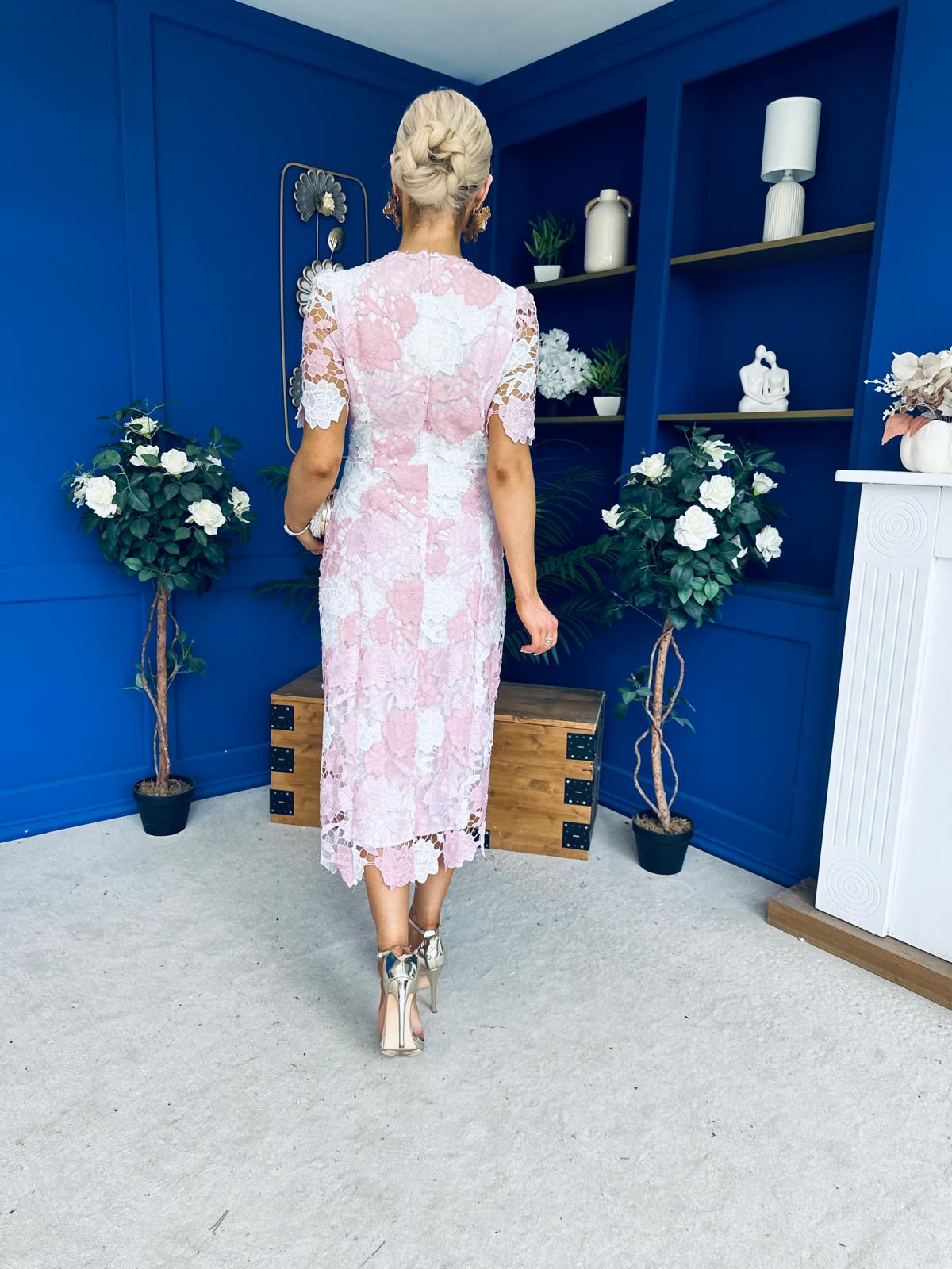 Whitney Crew Neck Floral Crochet Midi Dress Pink