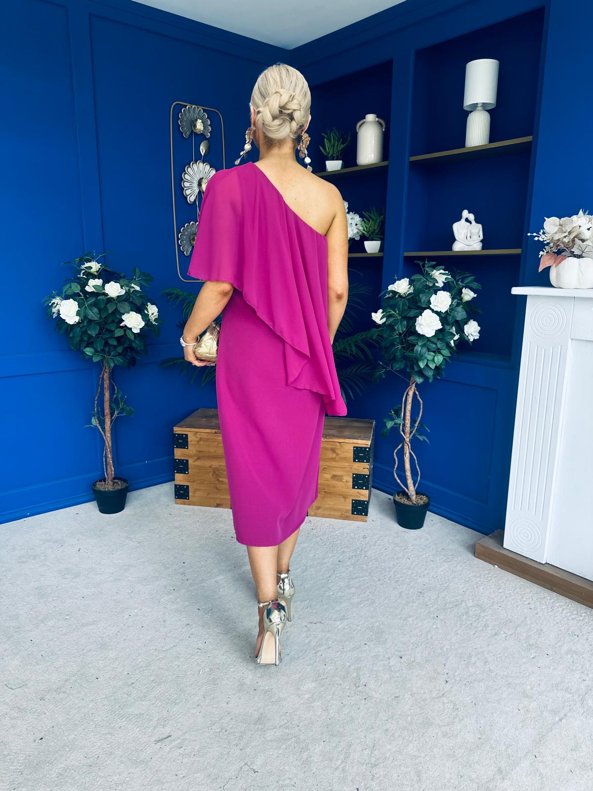 Morgan One Shoulder Cape Detail Midi Dress Berry