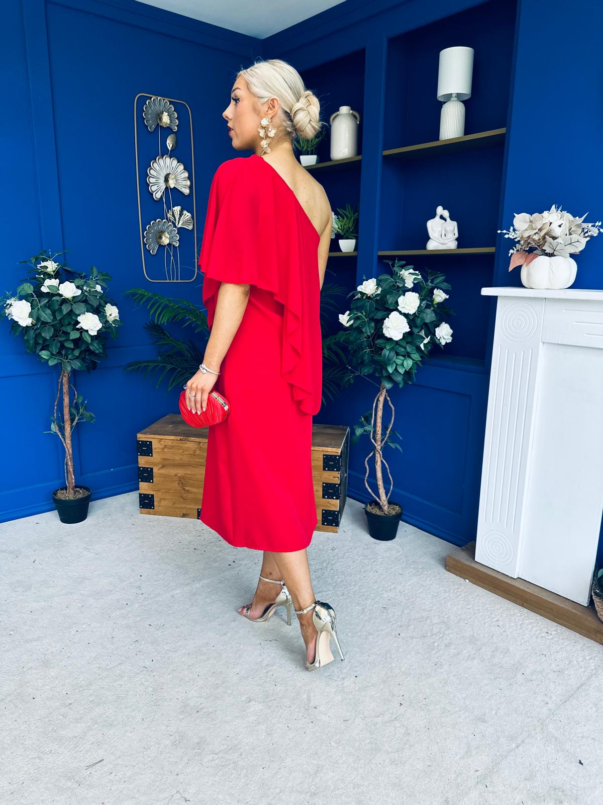 Morgan One Shoulder Cape Detail Midi Dress Red