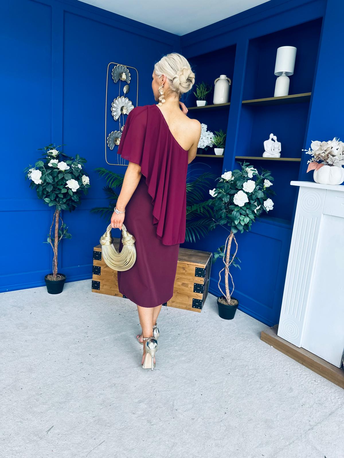 Morgan One Shoulder Cape Detail Midi Dress Burgundy
