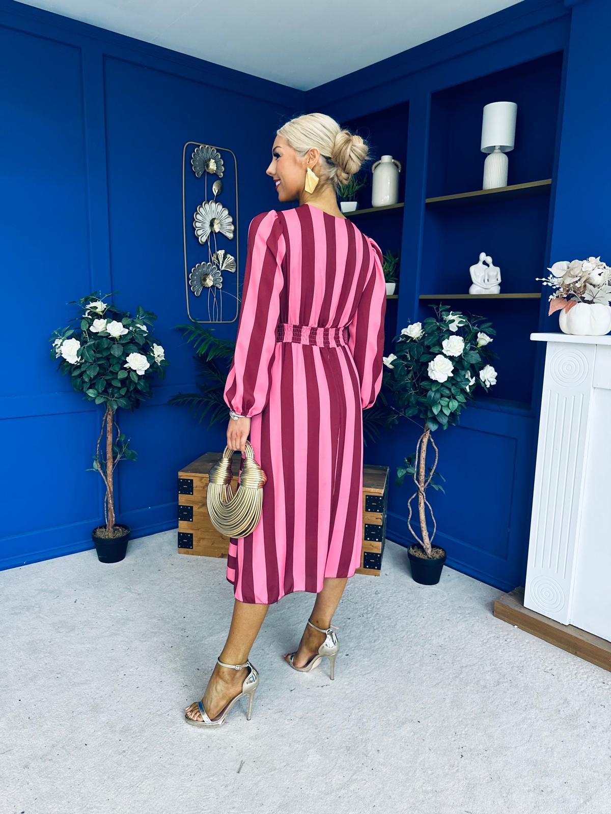 Ciara Striped Detail Midi Dress Ruby Cerise