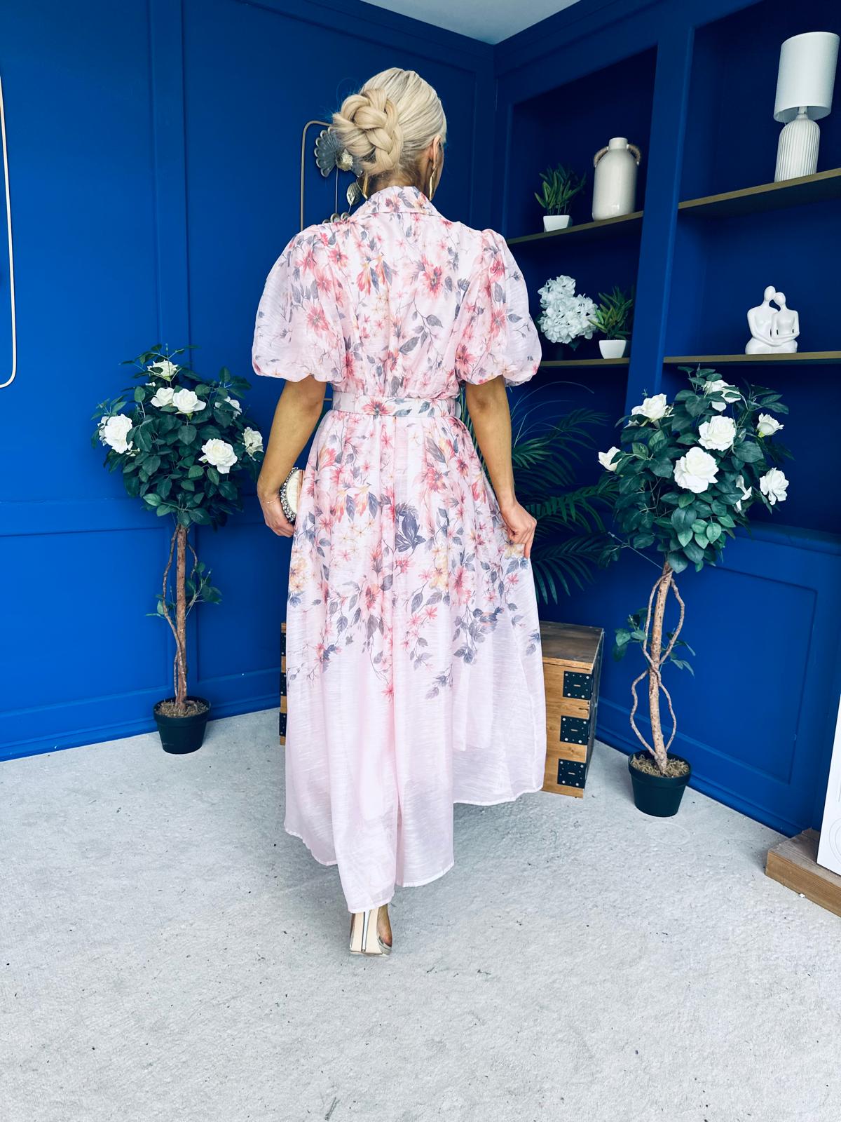 Siera Puff Sleeve Occasion Shirt Dress Floral Pink