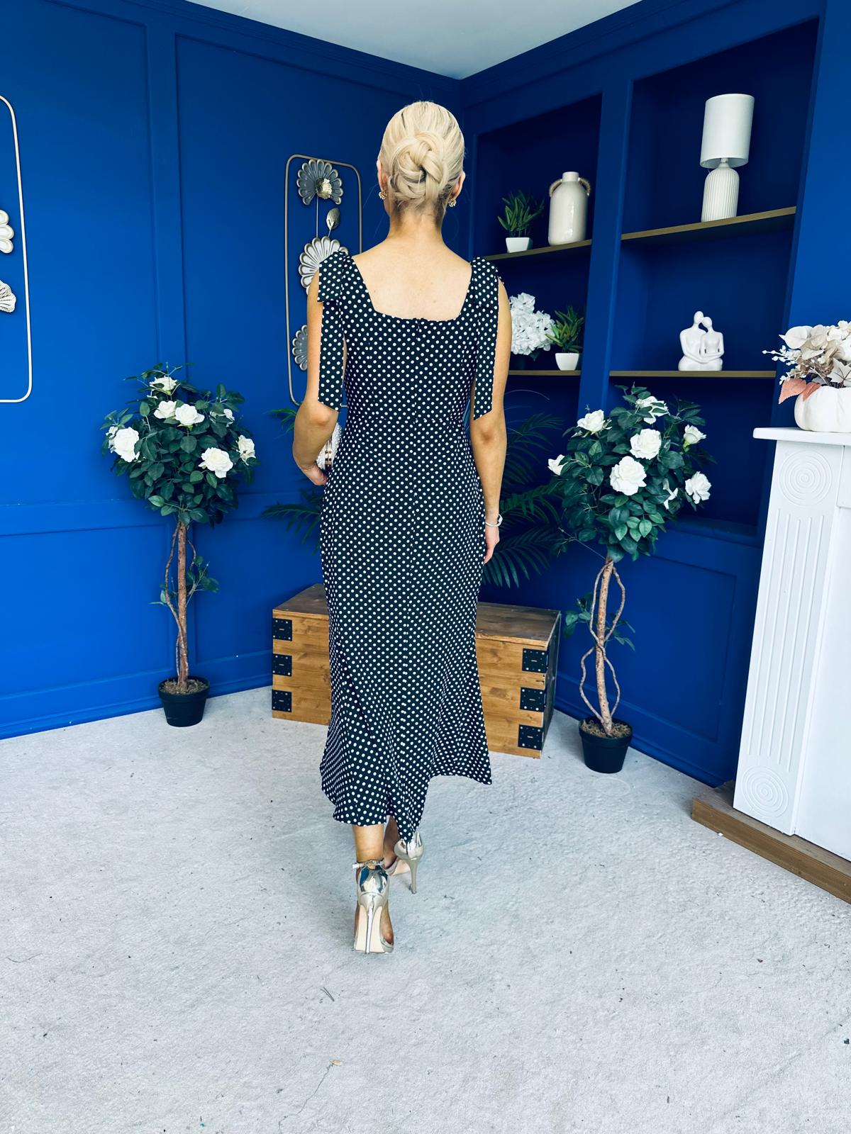 Jovi Tie Shoulder Square Neck Midi Dress Polka Black