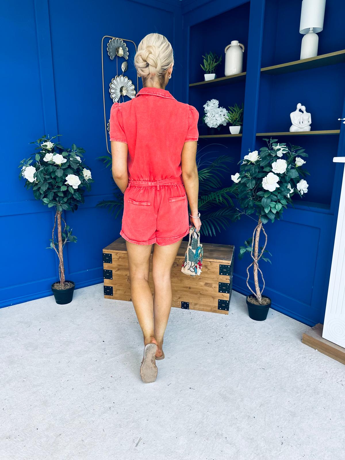 Riley Short Sleeve Denim Playsuit Coral