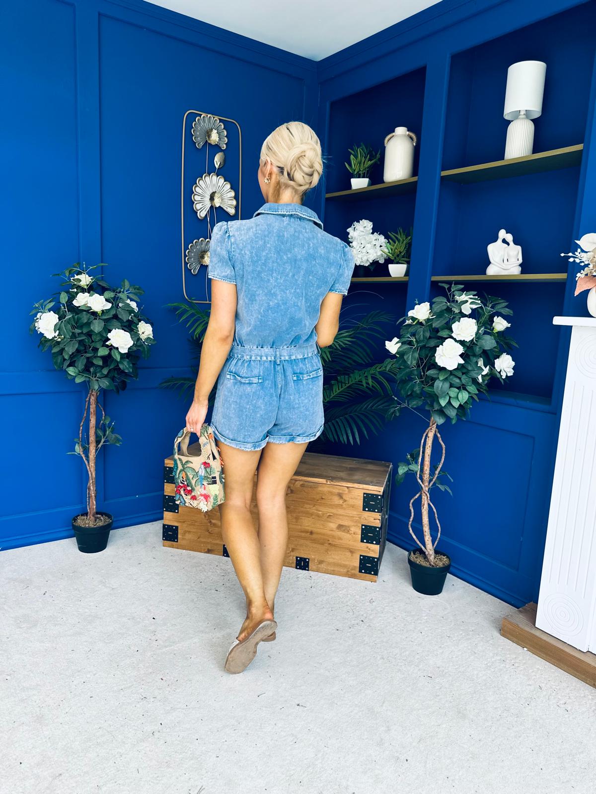 Riley Short Sleeve Denim Playsuit Blue