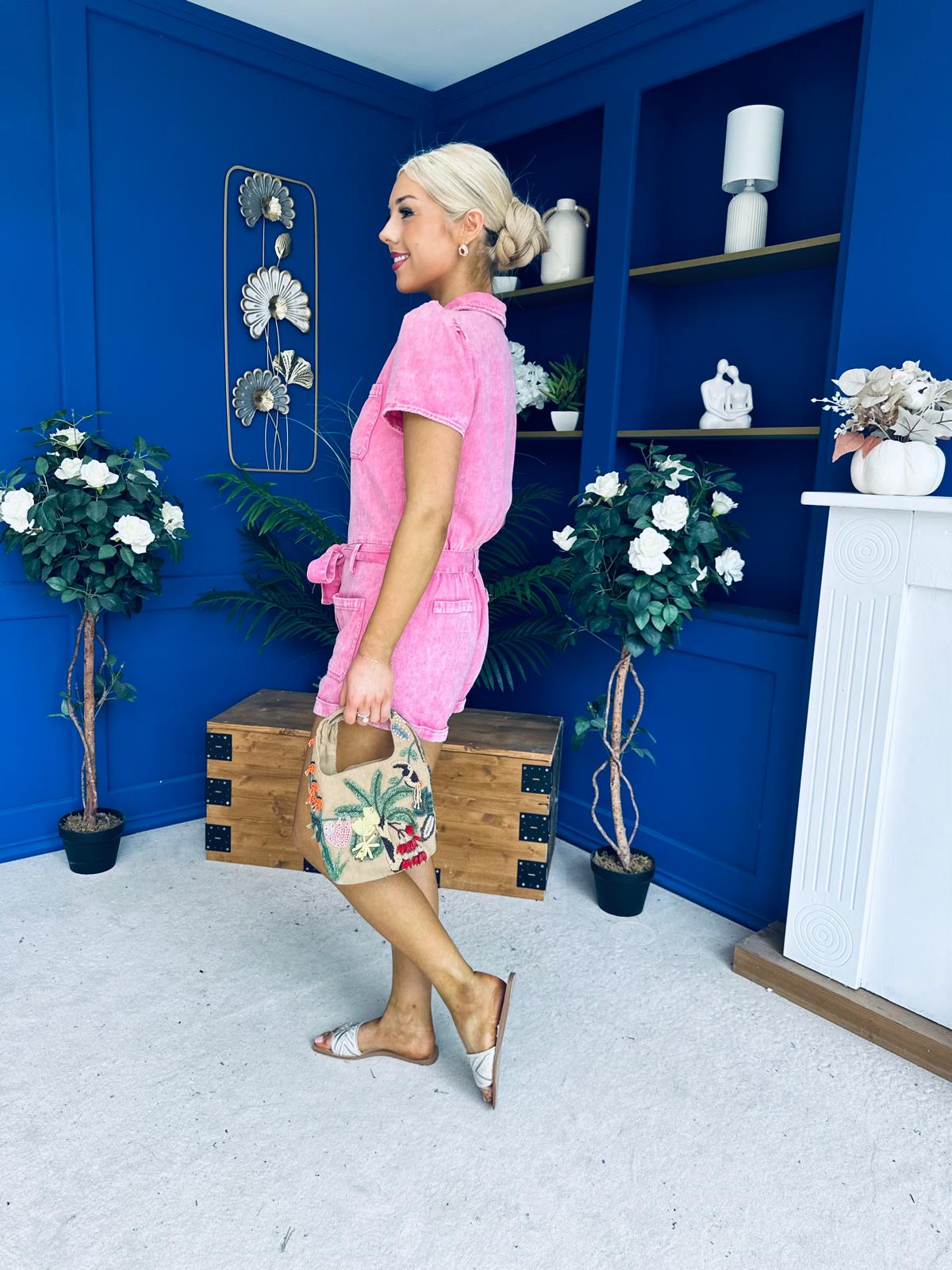 Riley Short Sleeve Denim Playsuit Pink