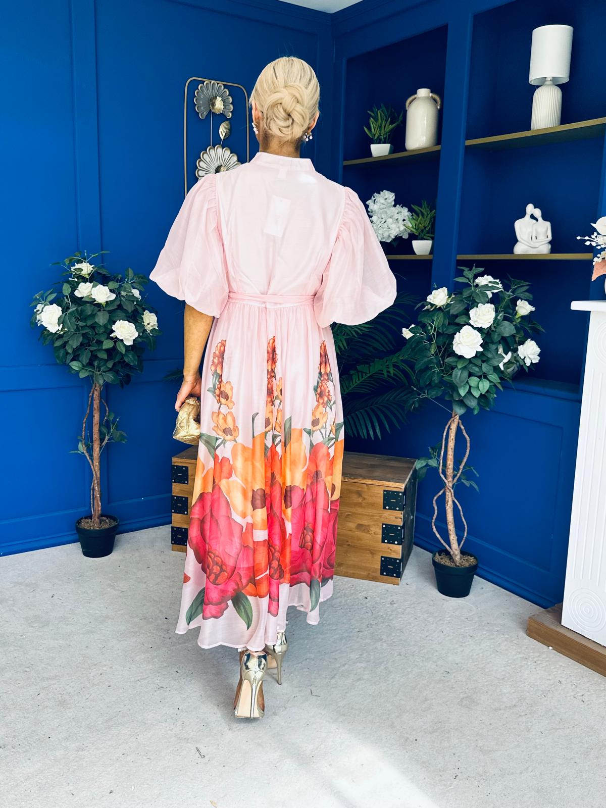Martina Puff Sleeve Occasion Dress Floral Pink