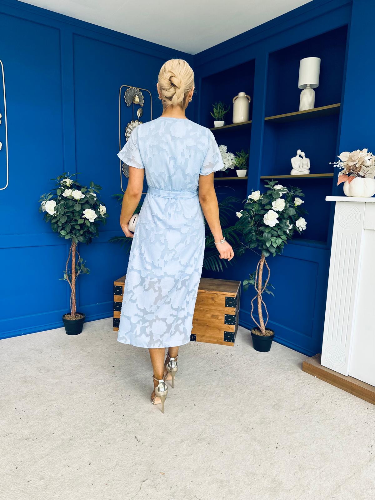 Liana Frill Detail Midi Dress Floral Burnout Blue