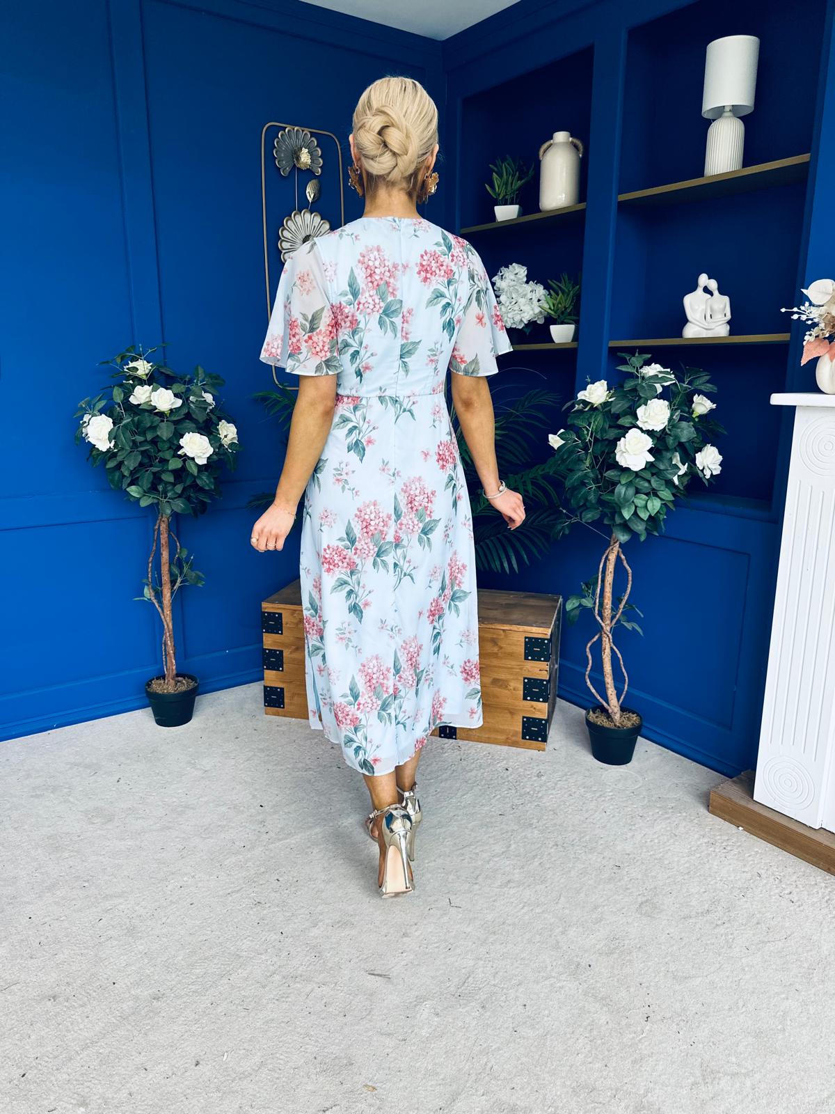 Daisy Twist Detail Midi Dress Floral Blue
