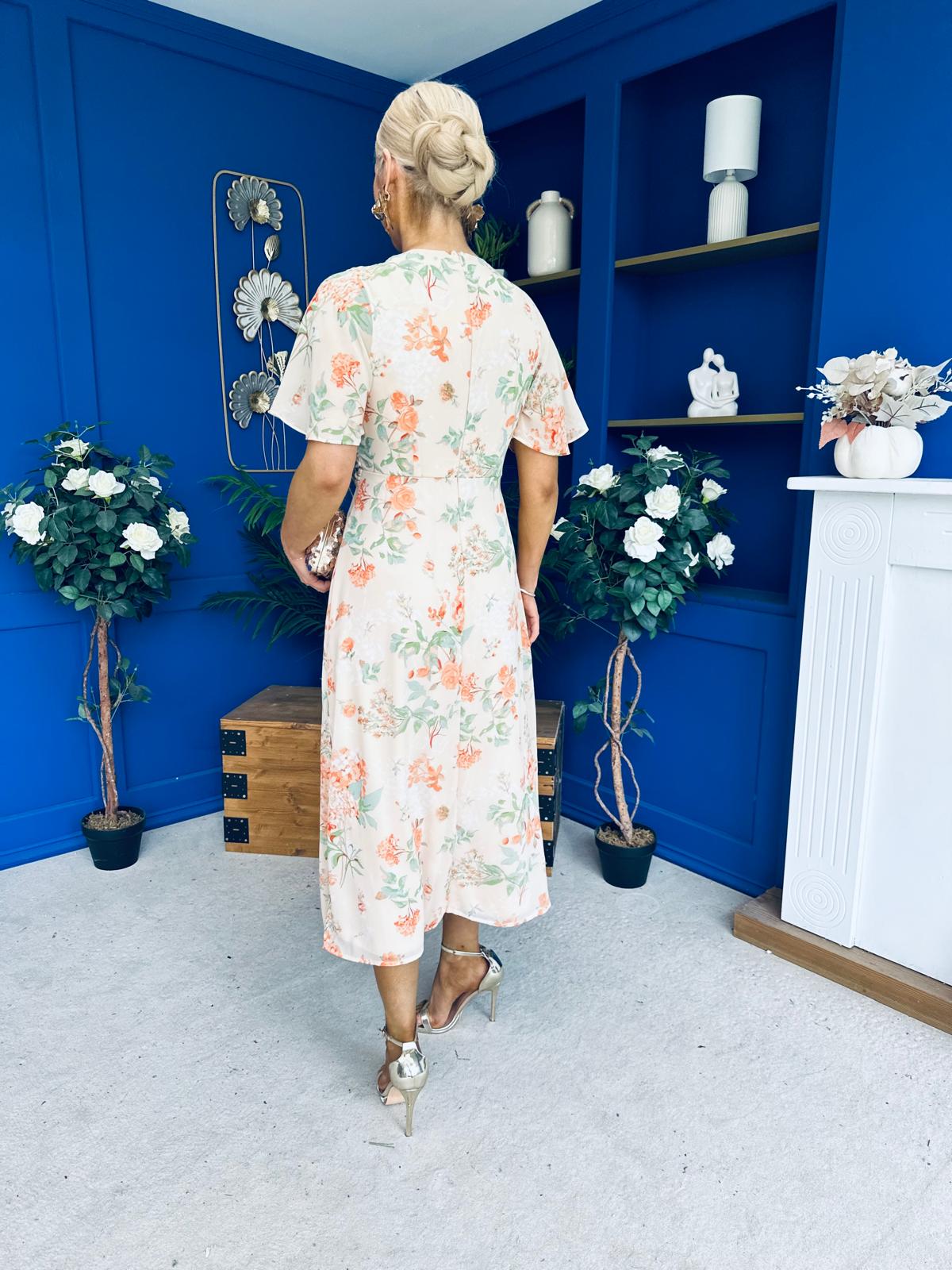 Daisy Twist Detail Midi Dress Floral Orange