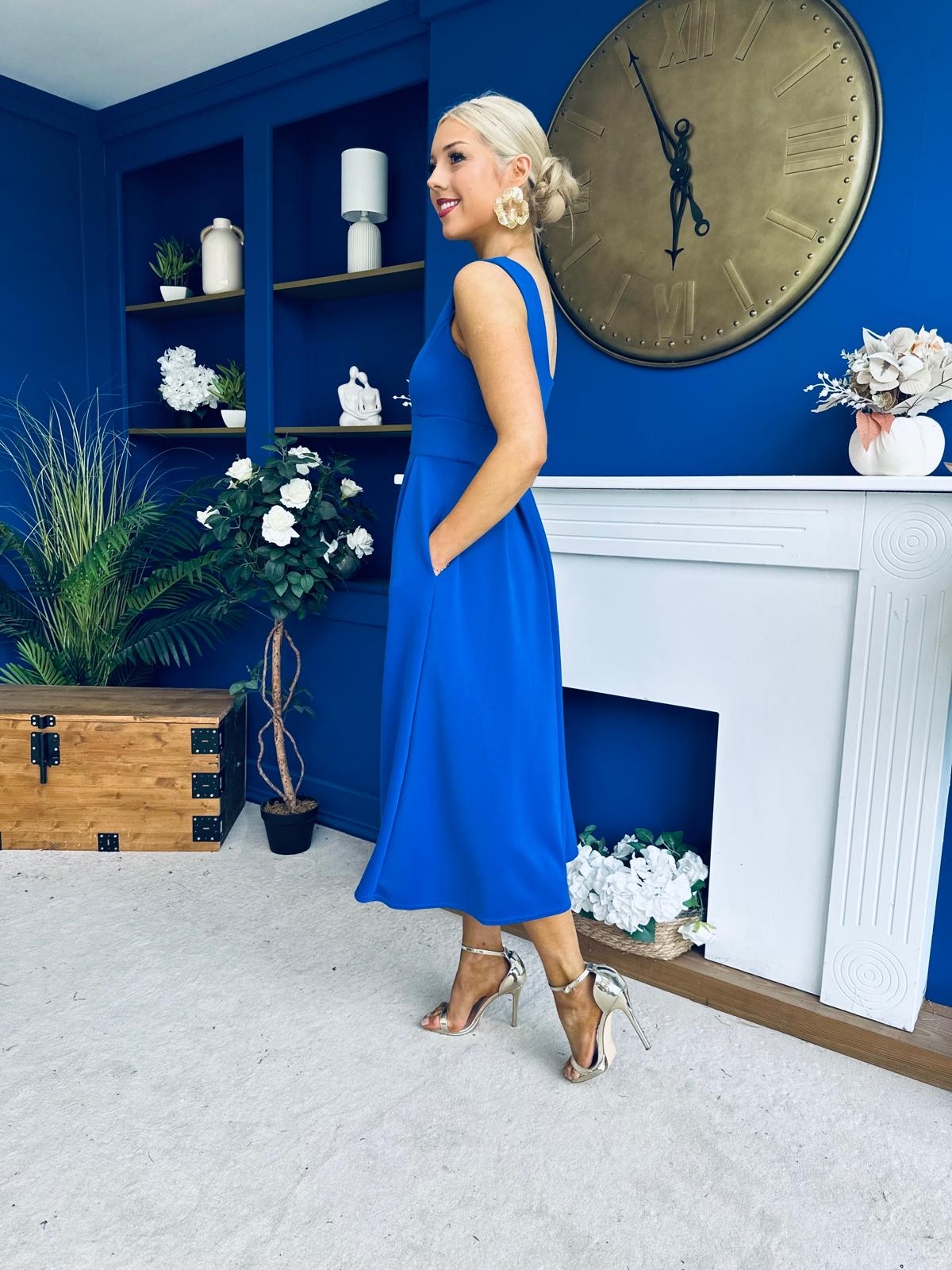 Tiffany V Neck Skater Scuba Midi Dress Cobalt