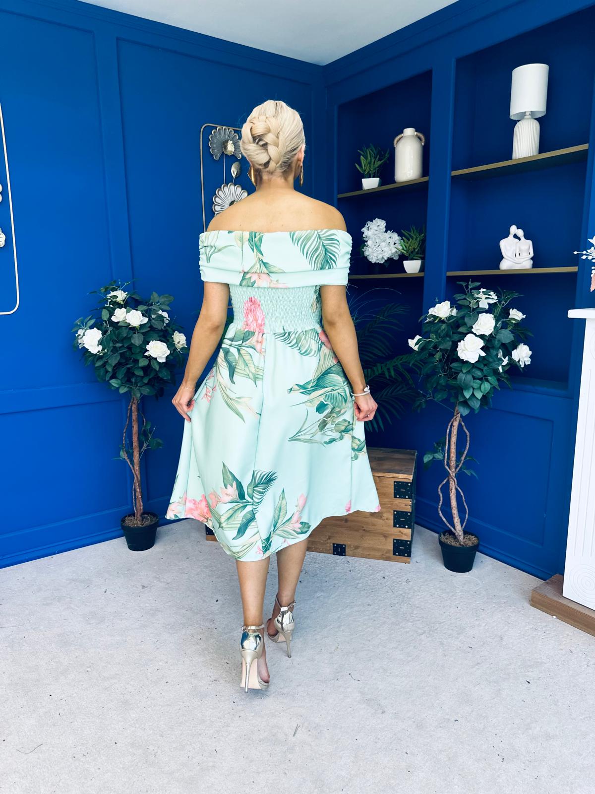 Willow Detailed Bardot Midi Dress Floral Pastel