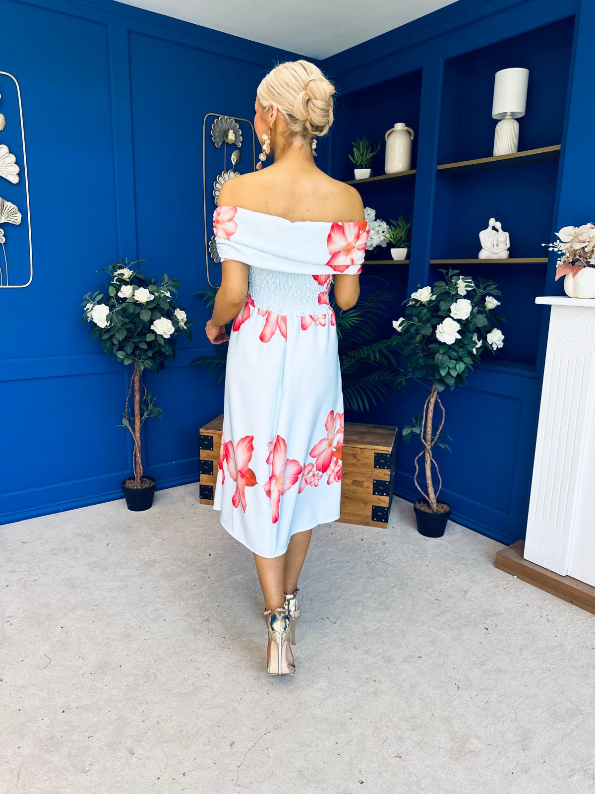 Willow Detailed Bardot Midi Dress Floral Sky