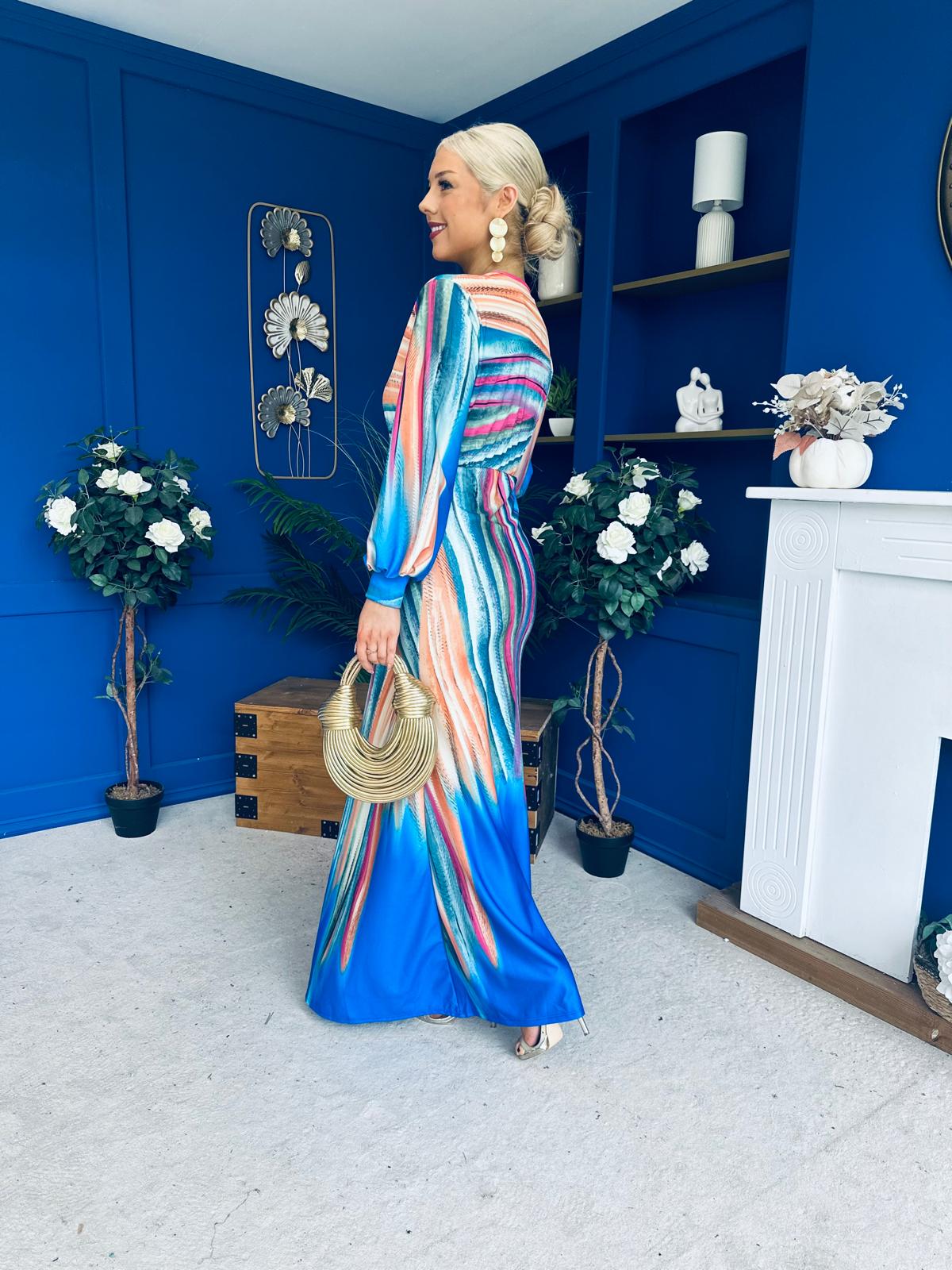 Catriona Plunge Neck Drape Detail Maxi Dress Blue