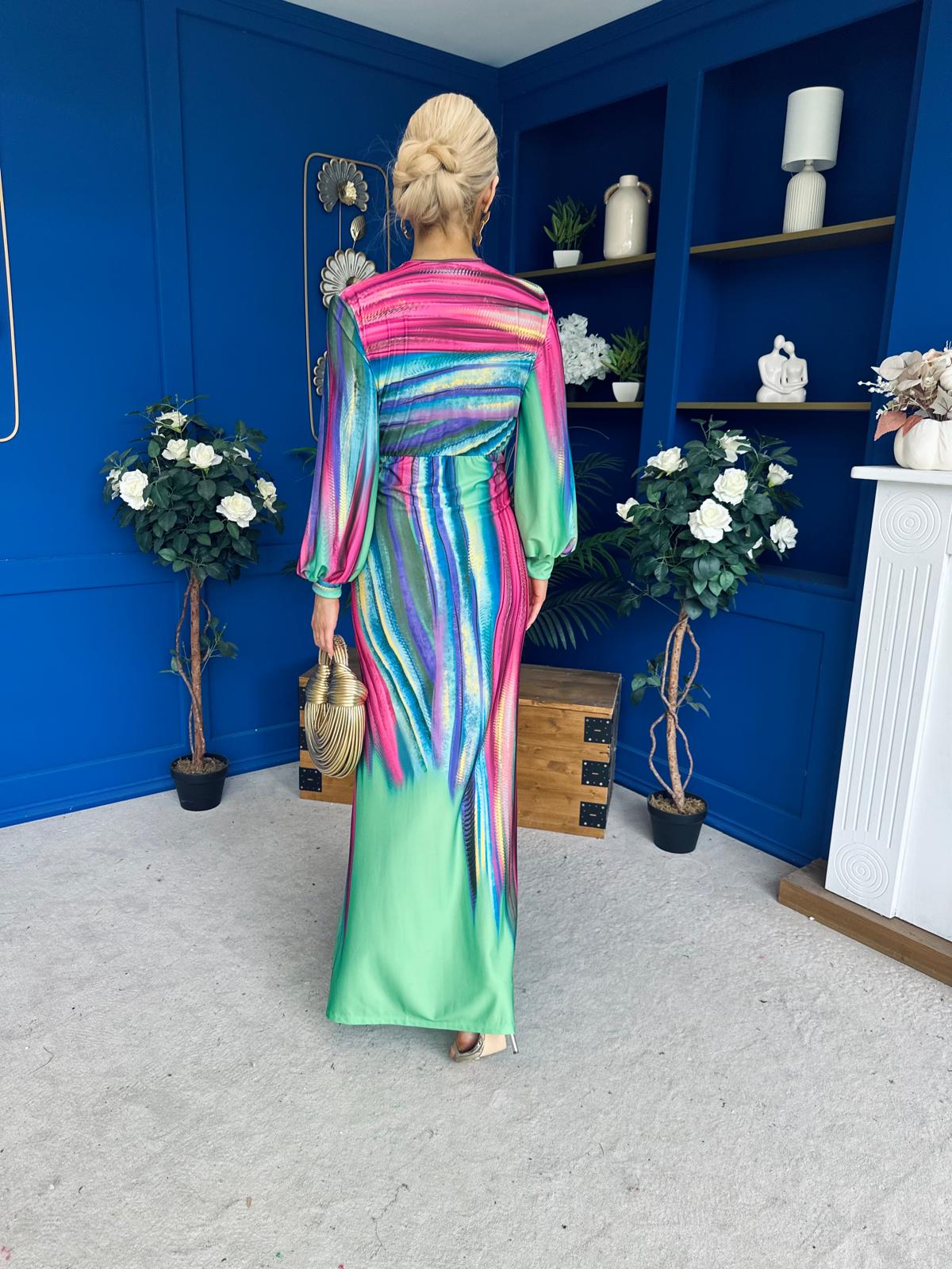 Catriona Plunge Neck Drape Detail Maxi Dress Green