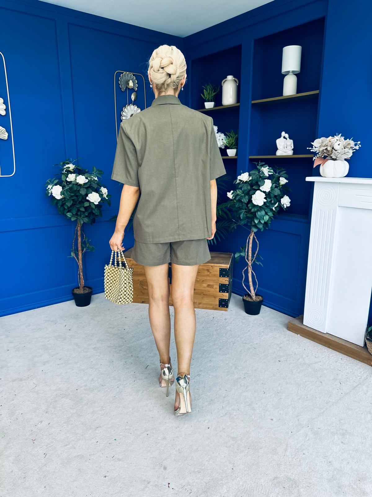 Jackie Detailed Oversized Shirt & Short Set Khaki