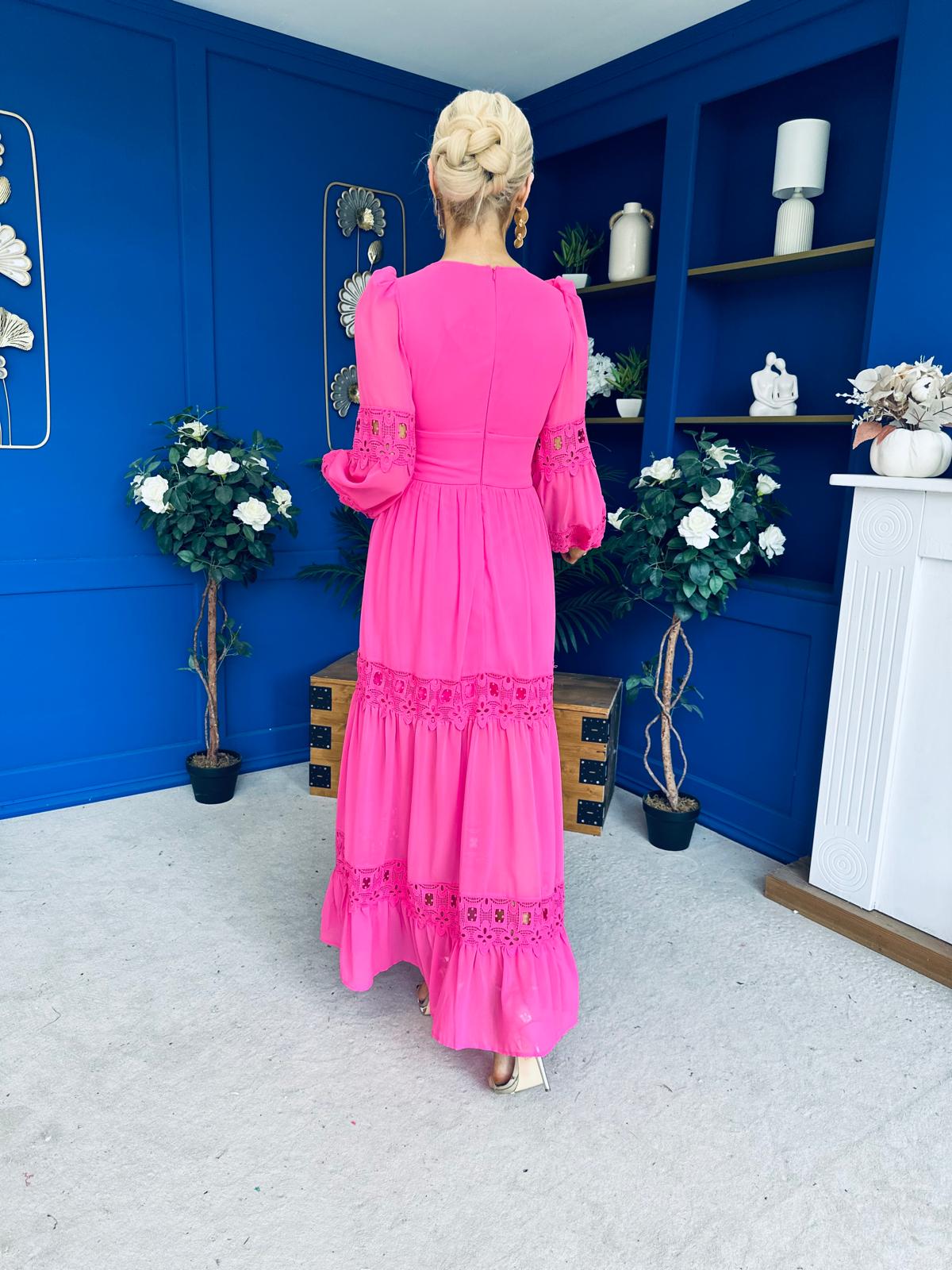Alexis Plunge Neck Lace Detail Occasion Dress Cerise