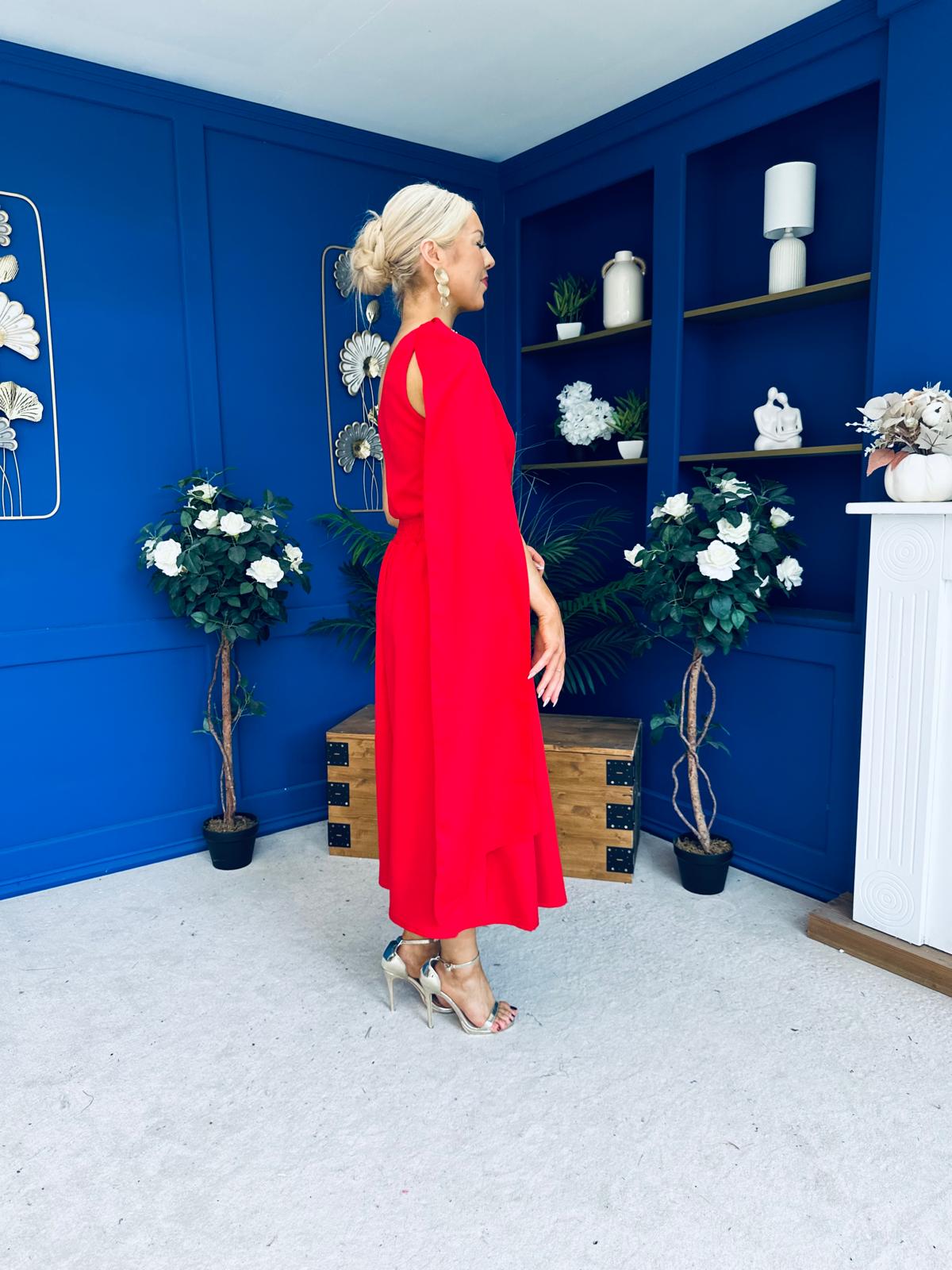 Claire One Shoulder Drape Detail Midi Dress Red