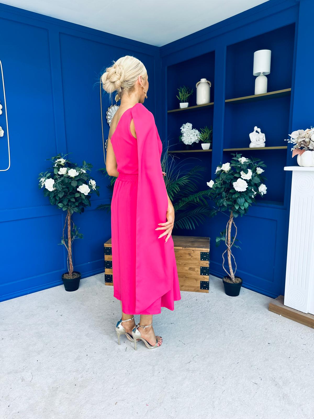 Claire One Shoulder Drape Detail Midi Dress Hot Pink