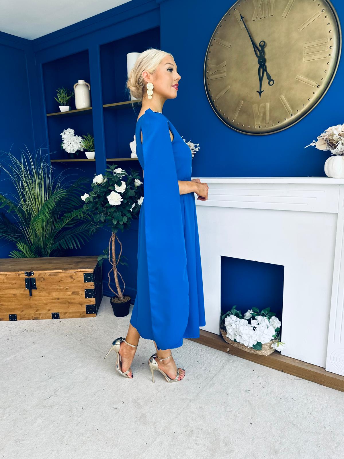 Claire One Shoulder Drape Detail Midi Dress Cobalt