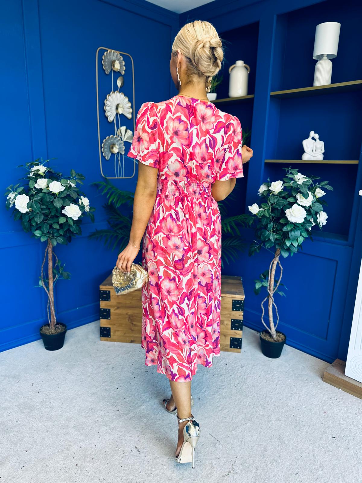 Georgi Detailed Midi Shirt Dress Floral Pink