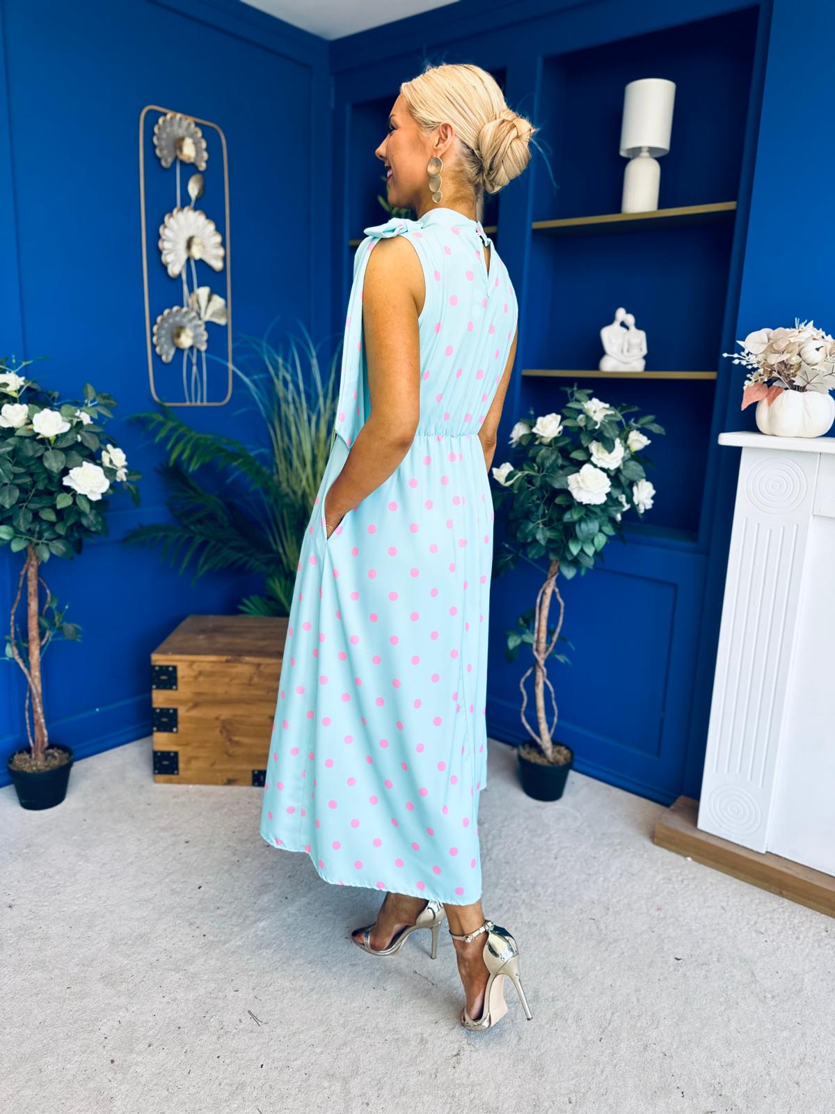 Rita High Neck Bow Detail Midi Dress Polka Green