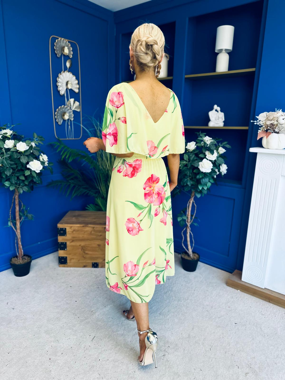 Julia Cape Detailed Midi Dress Floral Canary