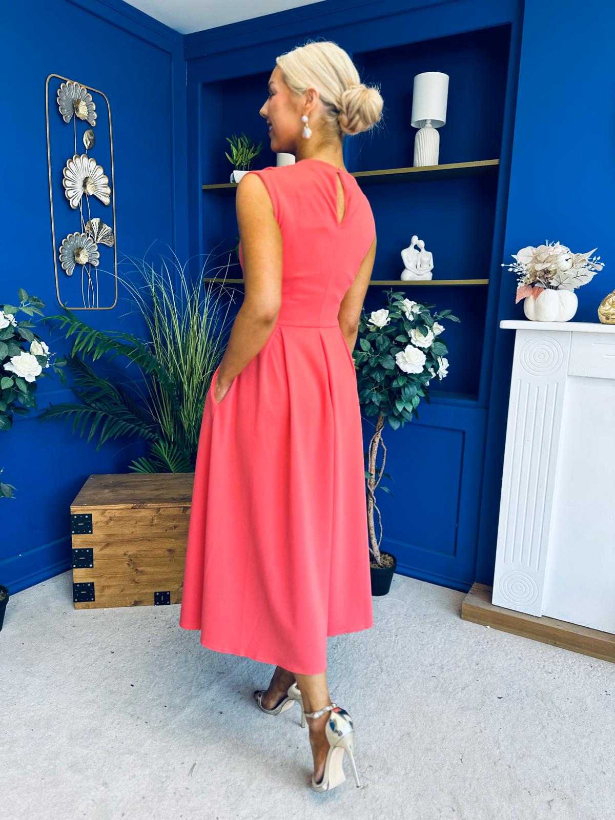 Romy Pleated Neck Midi Dress Coral