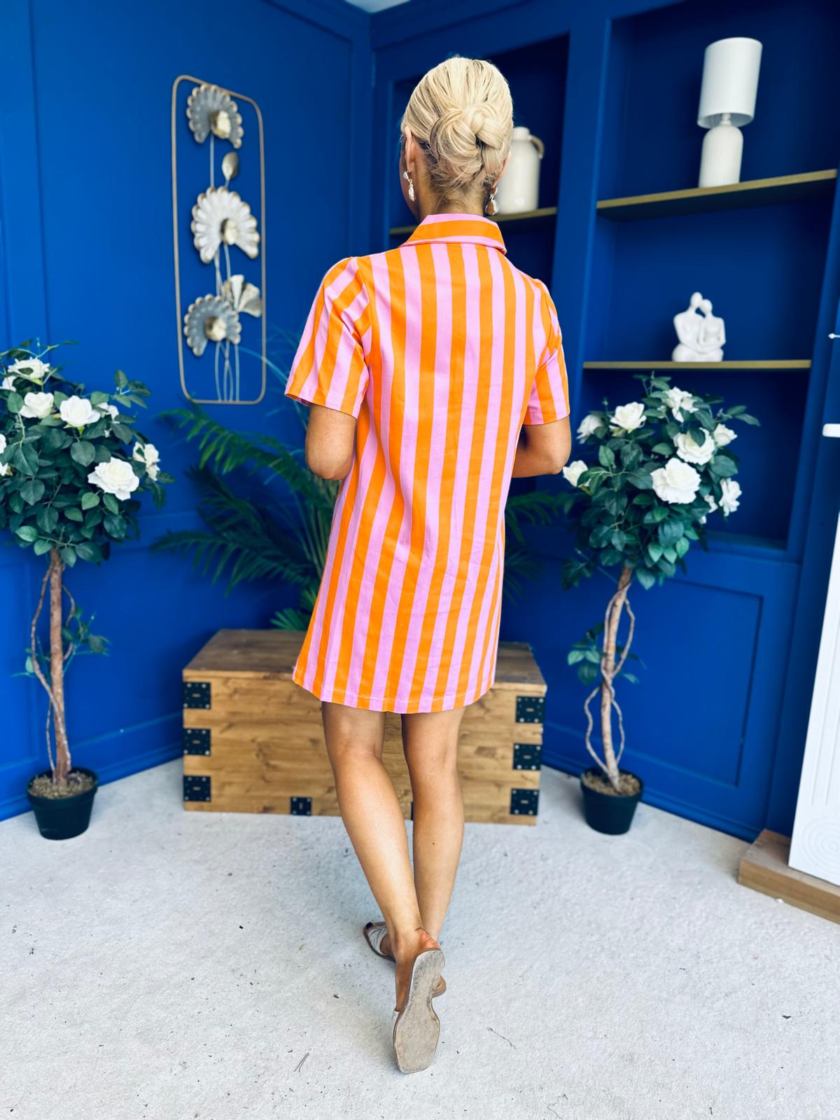 Laurel Denim Mini Shift Dress Striped Orange