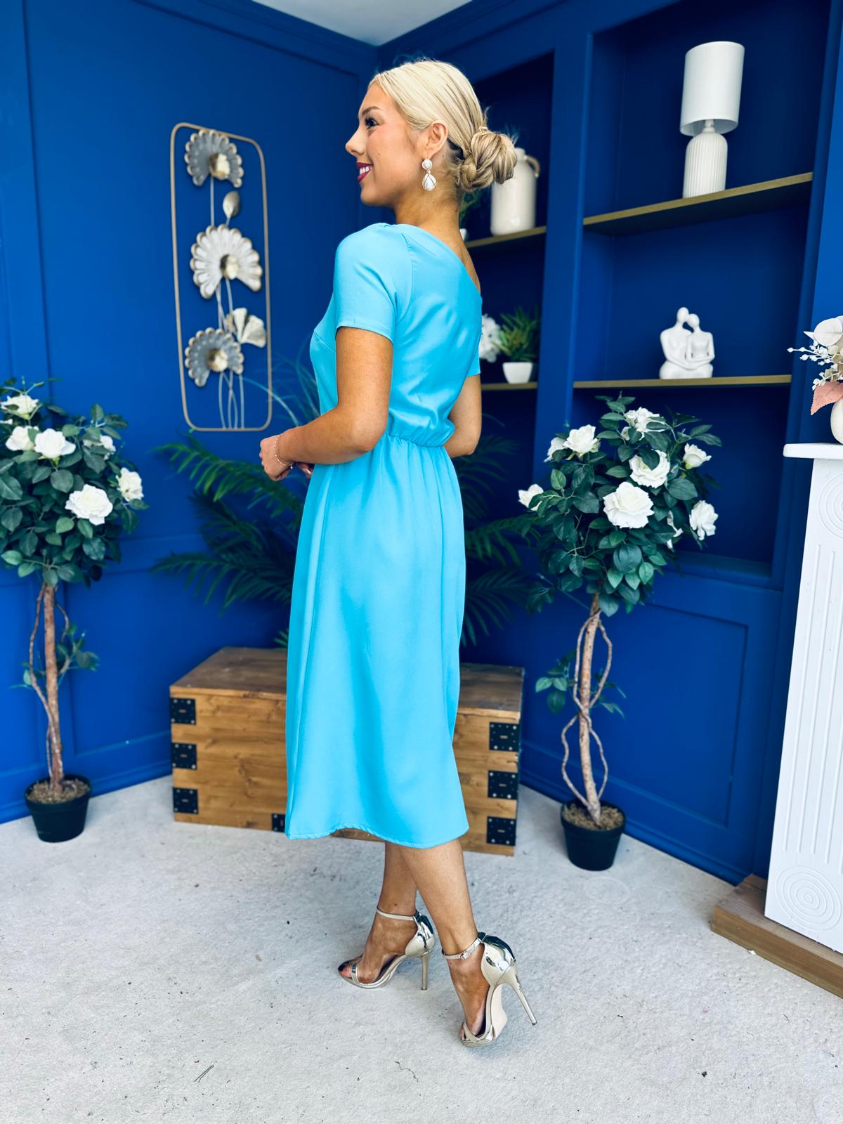 Emily Asymmetric Detail Midi Dress Sky