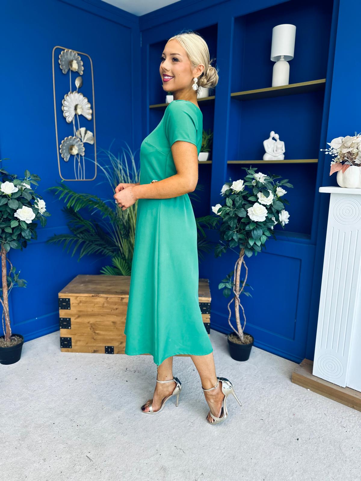 Emily Asymmetric Detail Midi Dress Emerald